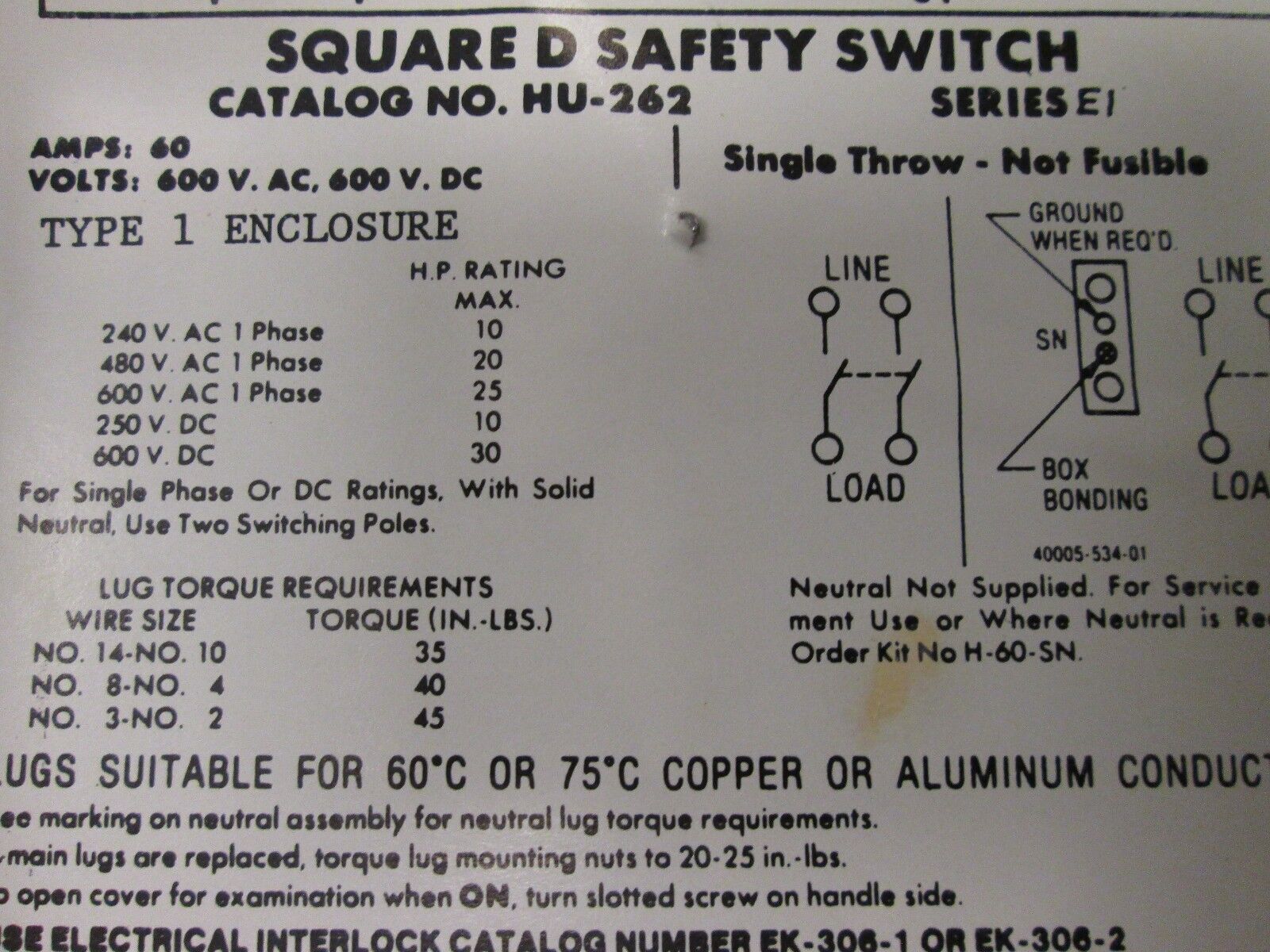 Square D Non-fusible Safety Switch HU-262 60A 600V 2P New Surplus