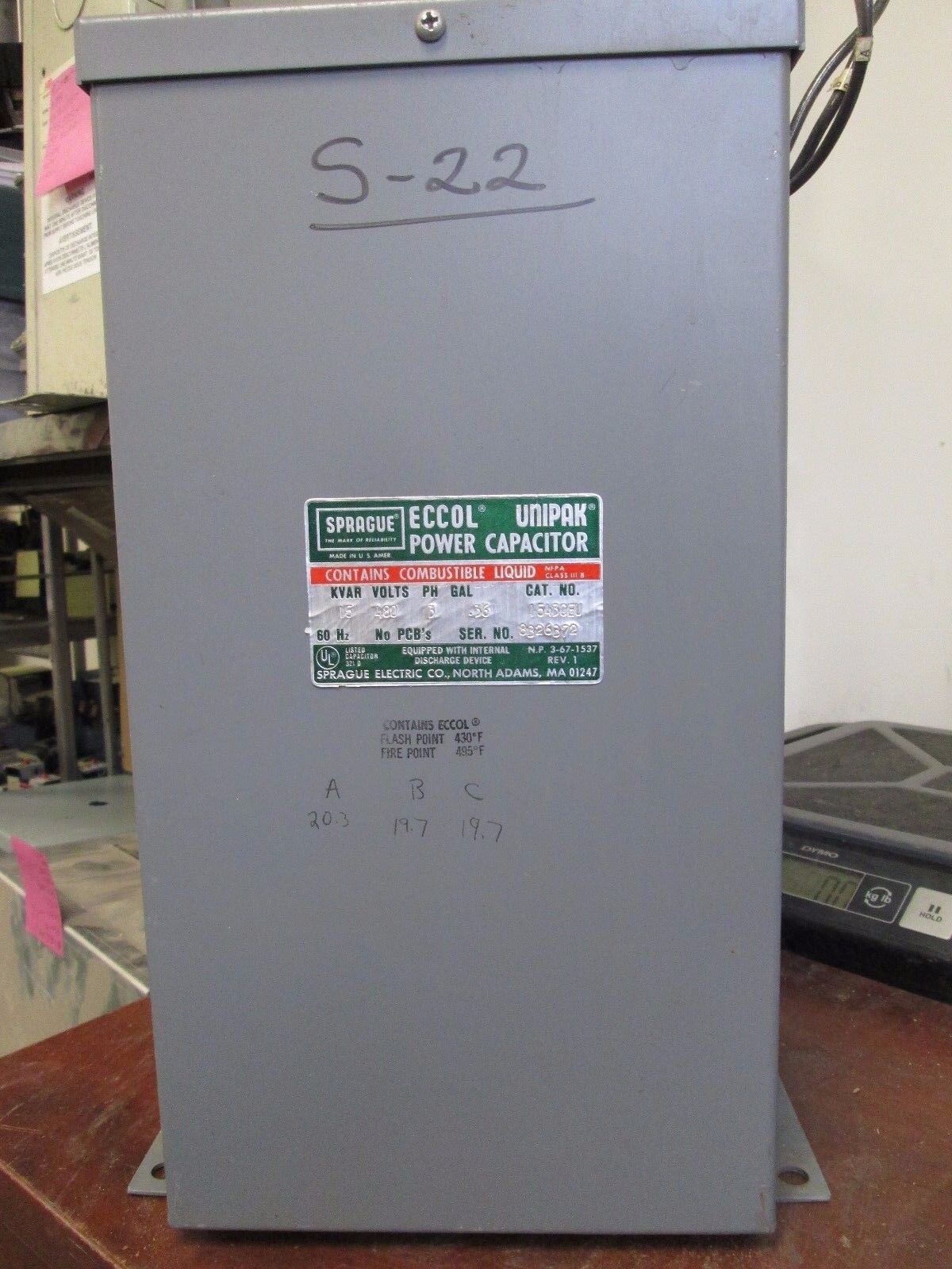 Eccol Unipak Power Capacitor 1543CEU 480V 15 KVAR 3Ph 60Hz Used