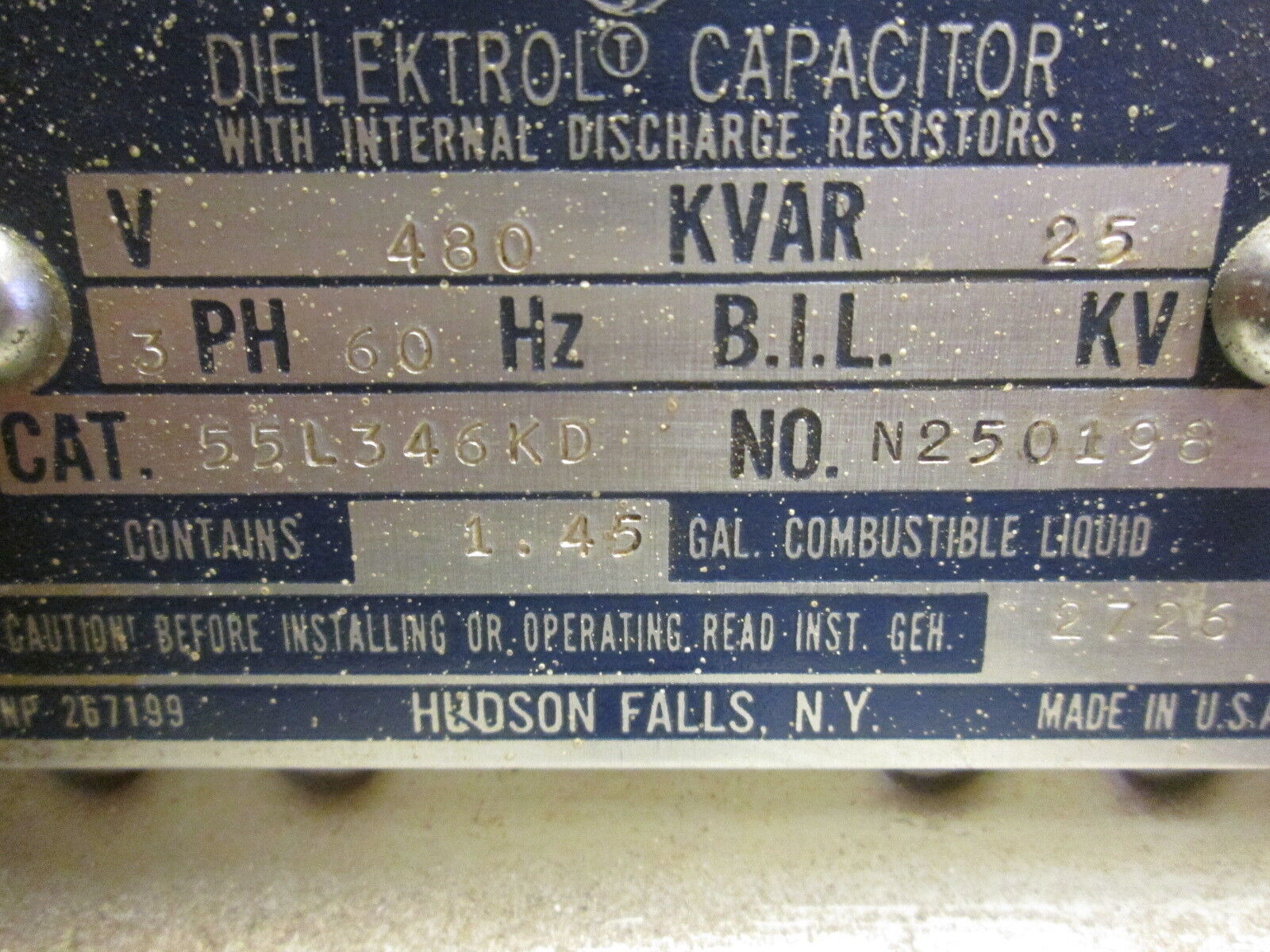 GE Dielektrol Capacitor 55L346KD 25KVAR 480V 3Ph 60Hz Used