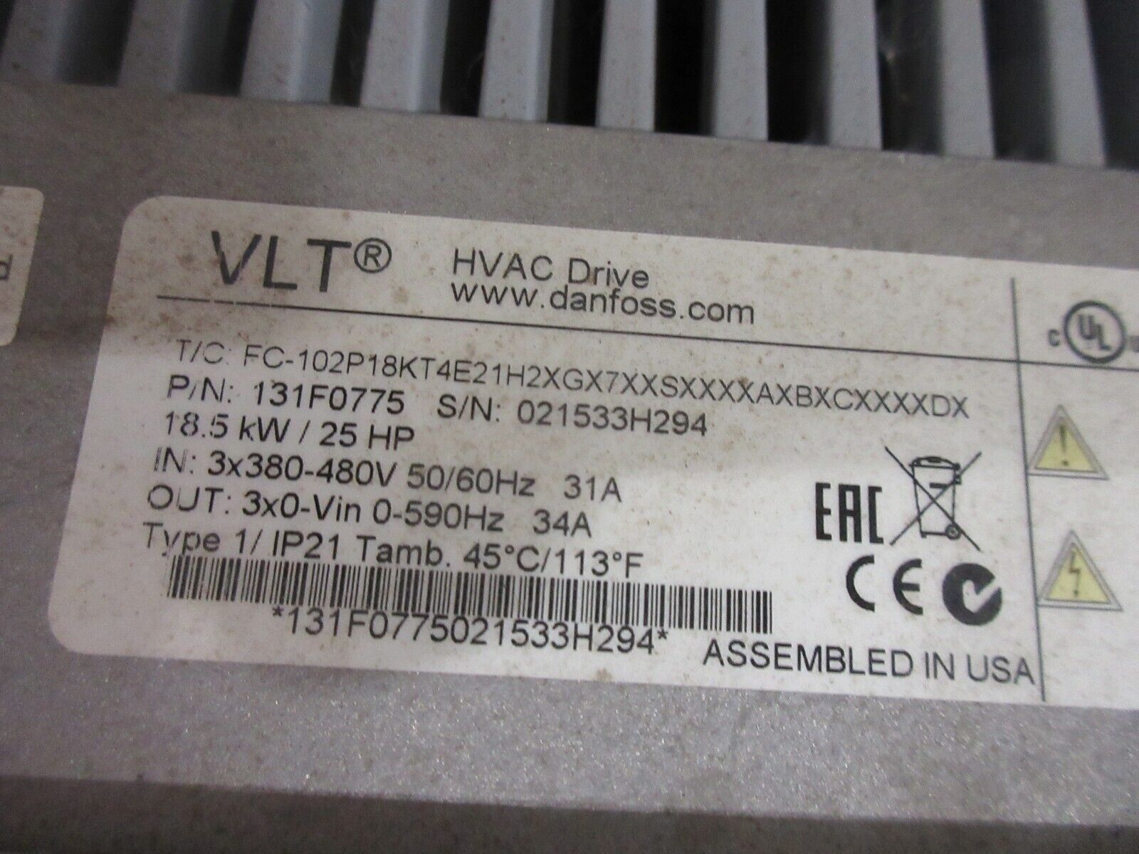 Danfoss AC Drive w/ Bypass 174L1502 25HP 3Ph Drive: 131F0775 w/ Keypad Used