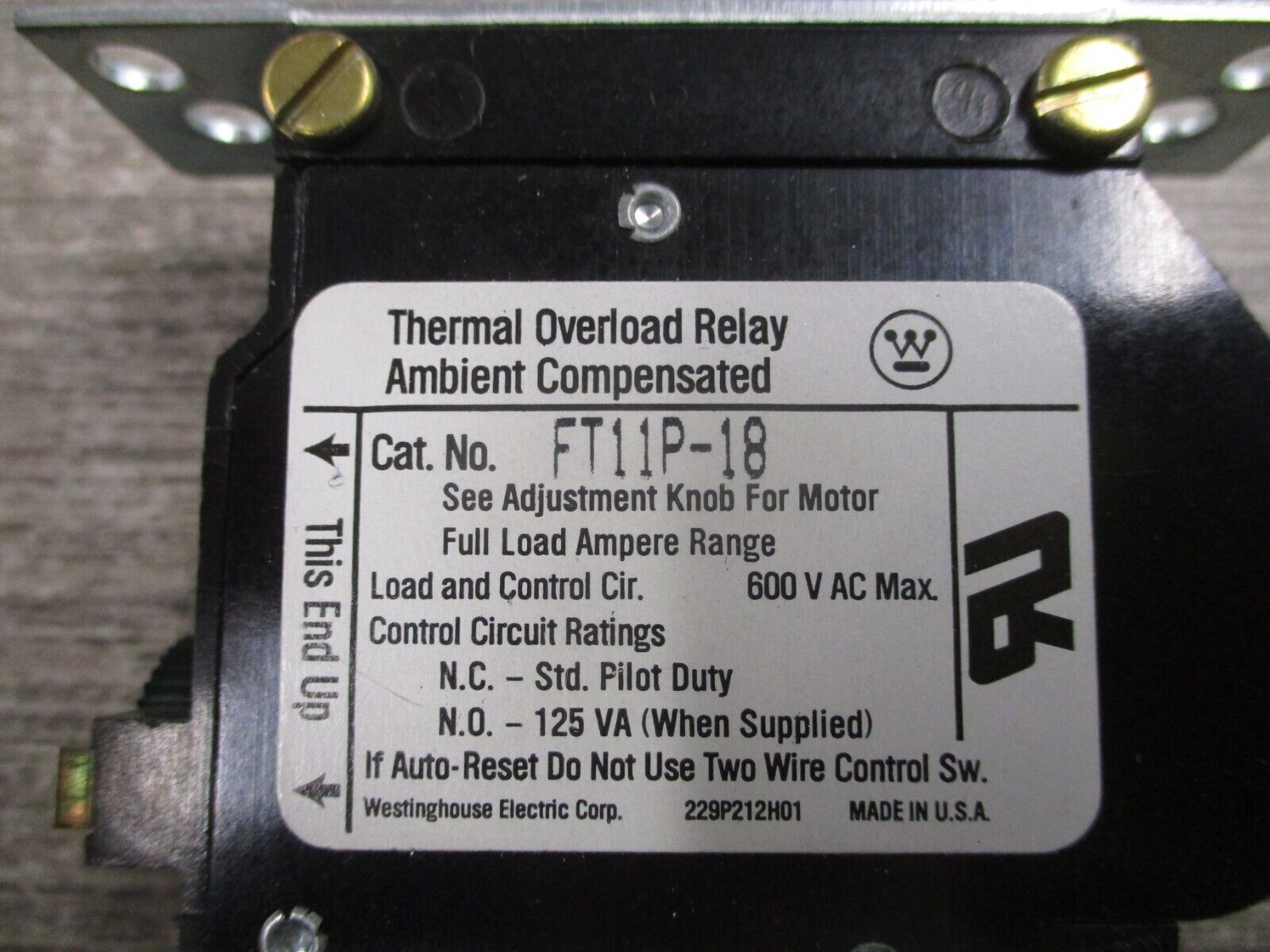 Westinghouse Overload Relay FT11P-18 600V 1P Used