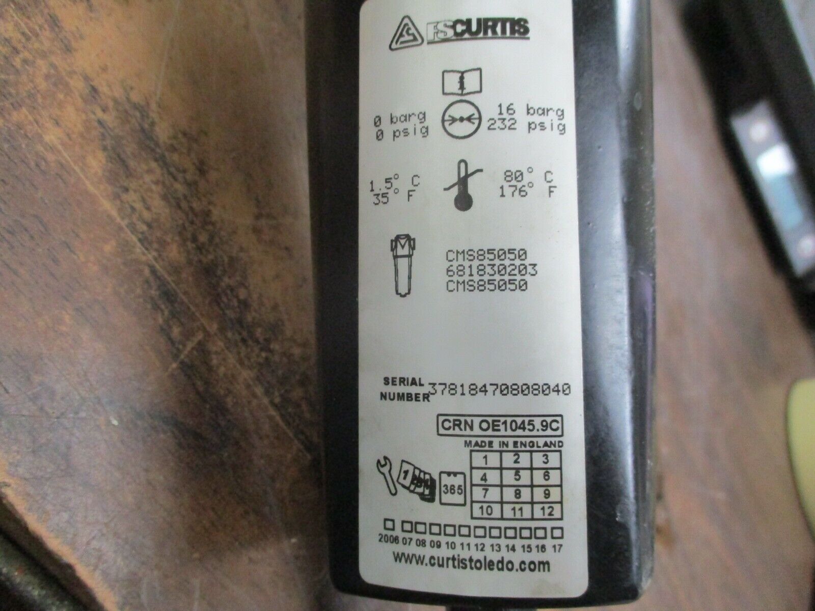 FS Curtus Air Filter CMS85050 0-232 PSIG 35°-176°F Used