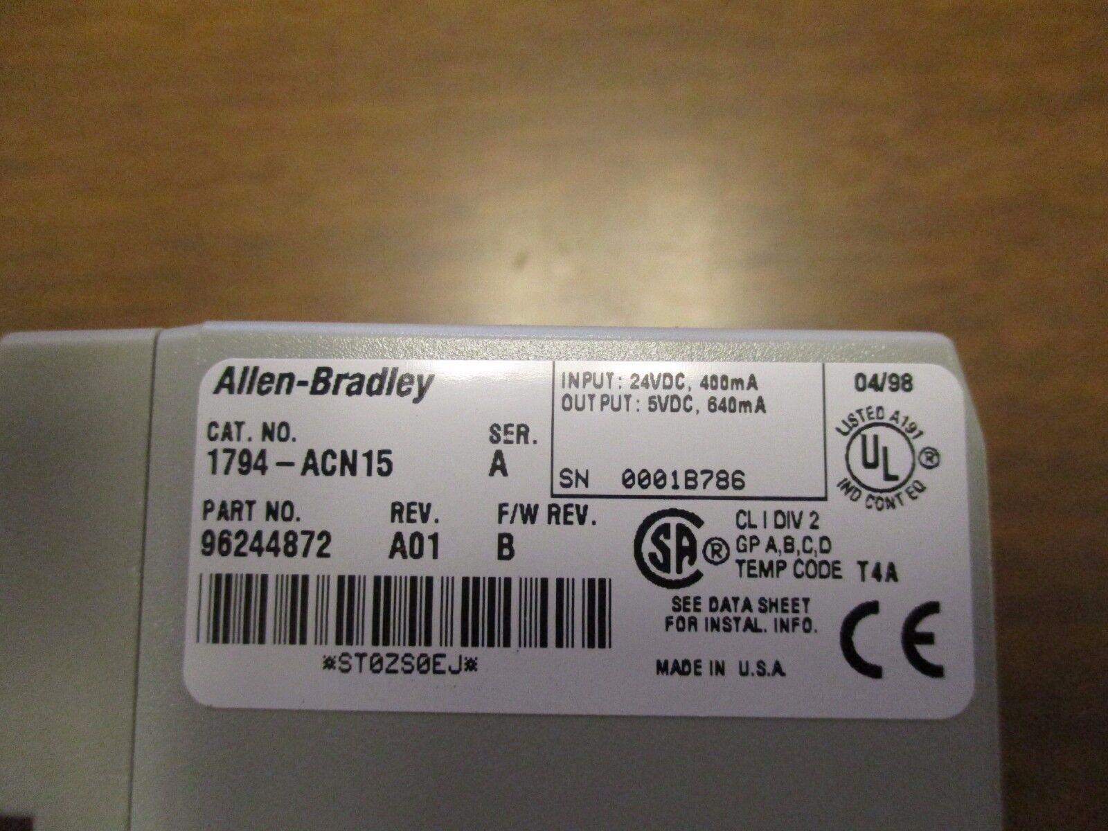 Allen-Bradley Flex I/O ControlNet Adaptor 1794-ACN15 Ser.A Rev.A01 F/W Rev.B