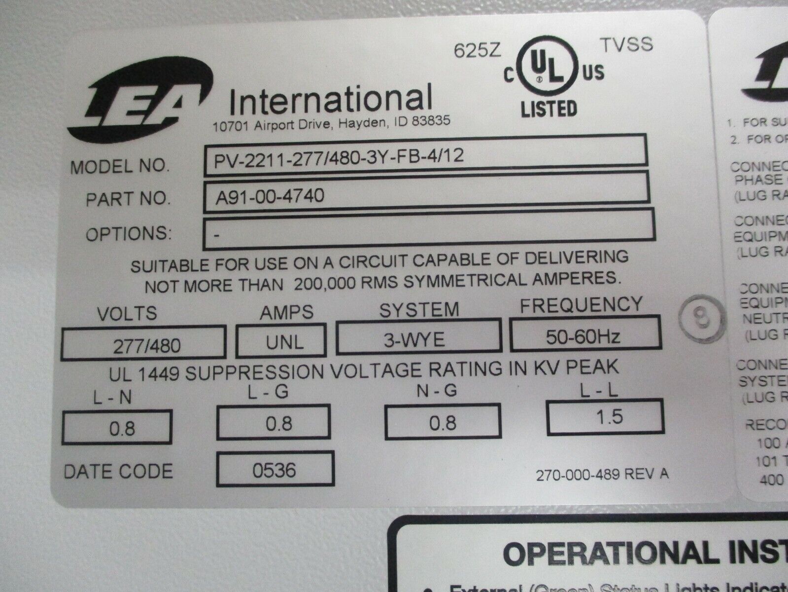 Lea International Power Vantage Surge Suppressor A91-00-4740 277/480V 50-60Hz