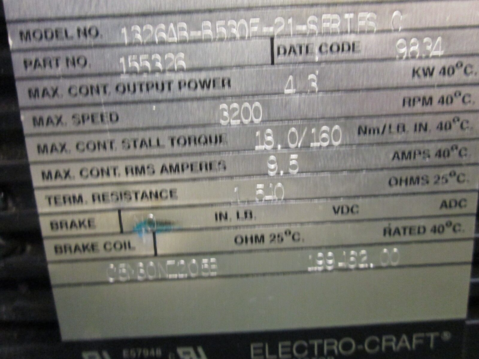 Reliance Servo Motor w/ Stealth Gear 1326AB-B530F-21 50:1 Ratio Used