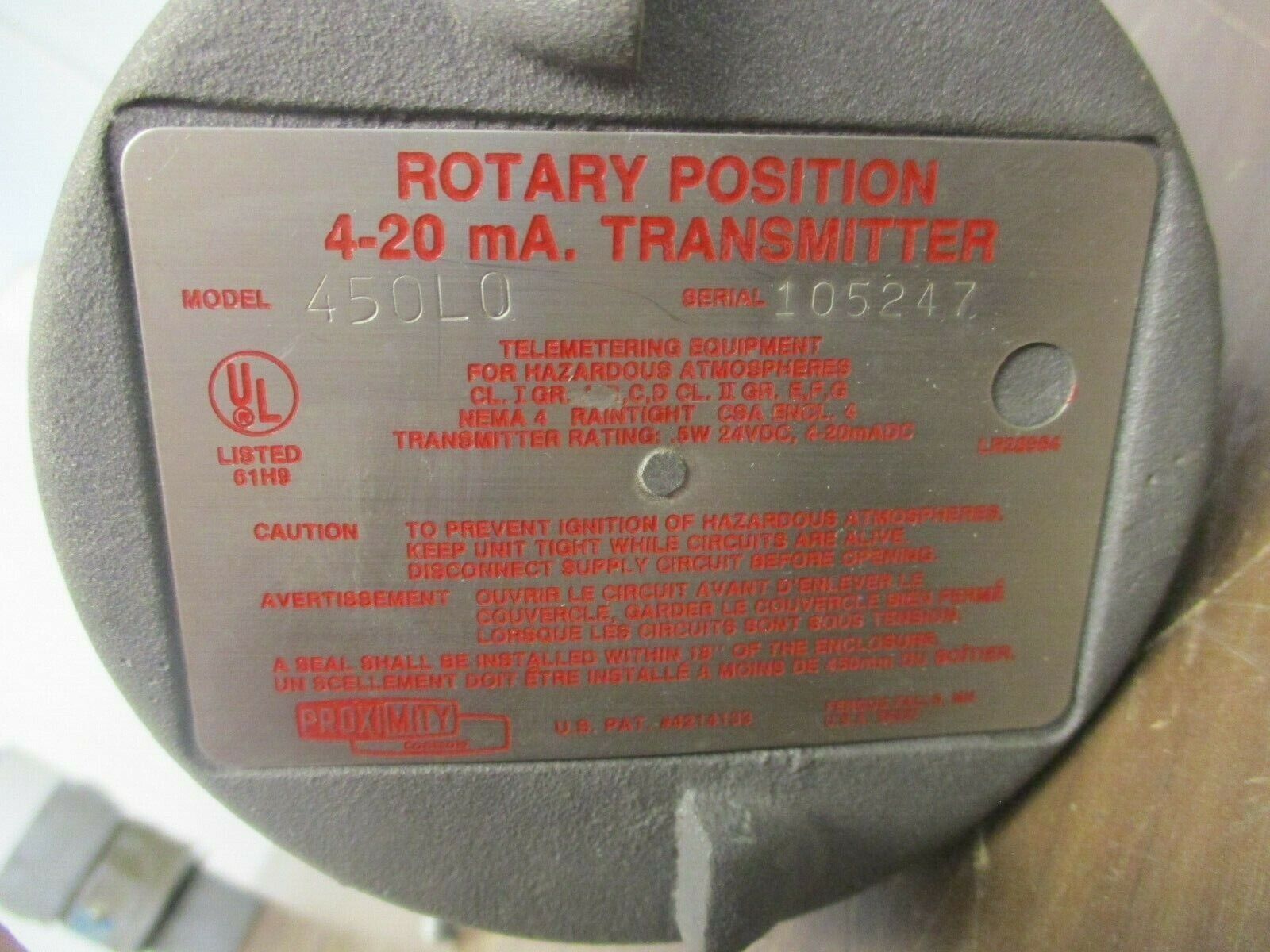 Proximity Controls Explosion Proof Rotary Position Transmitter 450L0 4-20mA Used