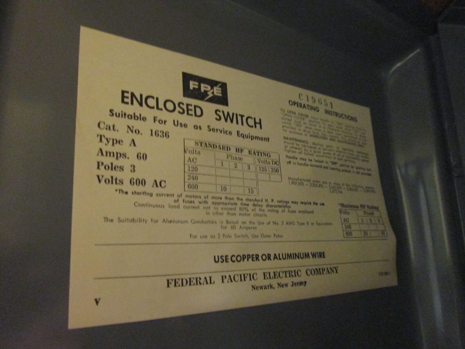 FPE Fusible Safety Switch 1636 60A 600V 3P New Surplus