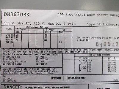 Eaton Non-Fusible 3R Saftey Switch/ Disconnect DH363URK 100A 600V 3P Used.