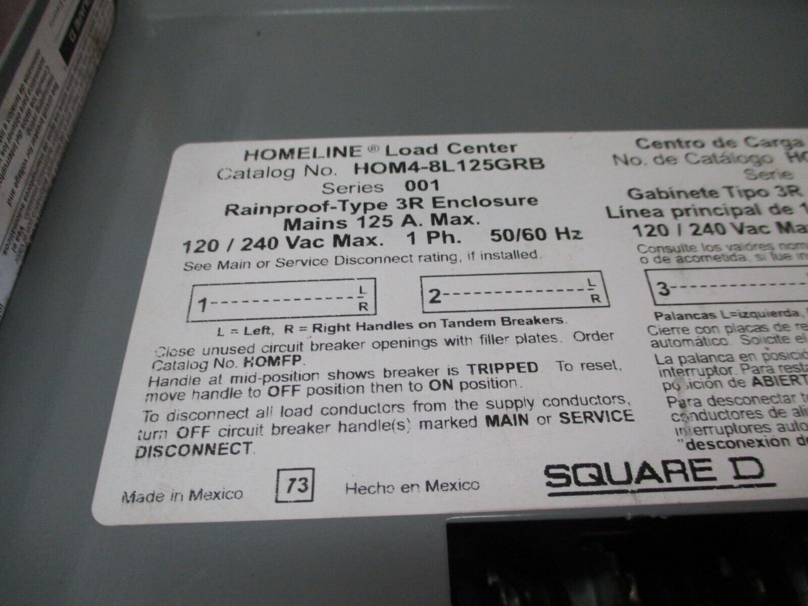 Square D Homeline 3R Load Center HOM4-8L125GRB 125A 120/240V 1Ph 4-Slot Used