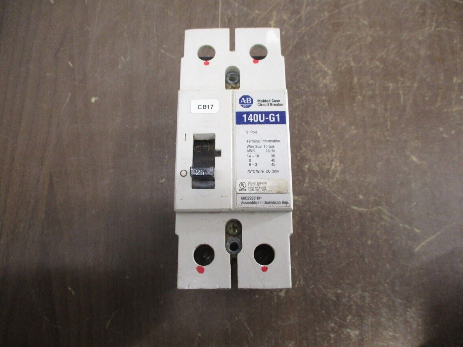 Allen-Bradley 140U-G1 Circuit Breaker 68C2925H01 25A 2P Used