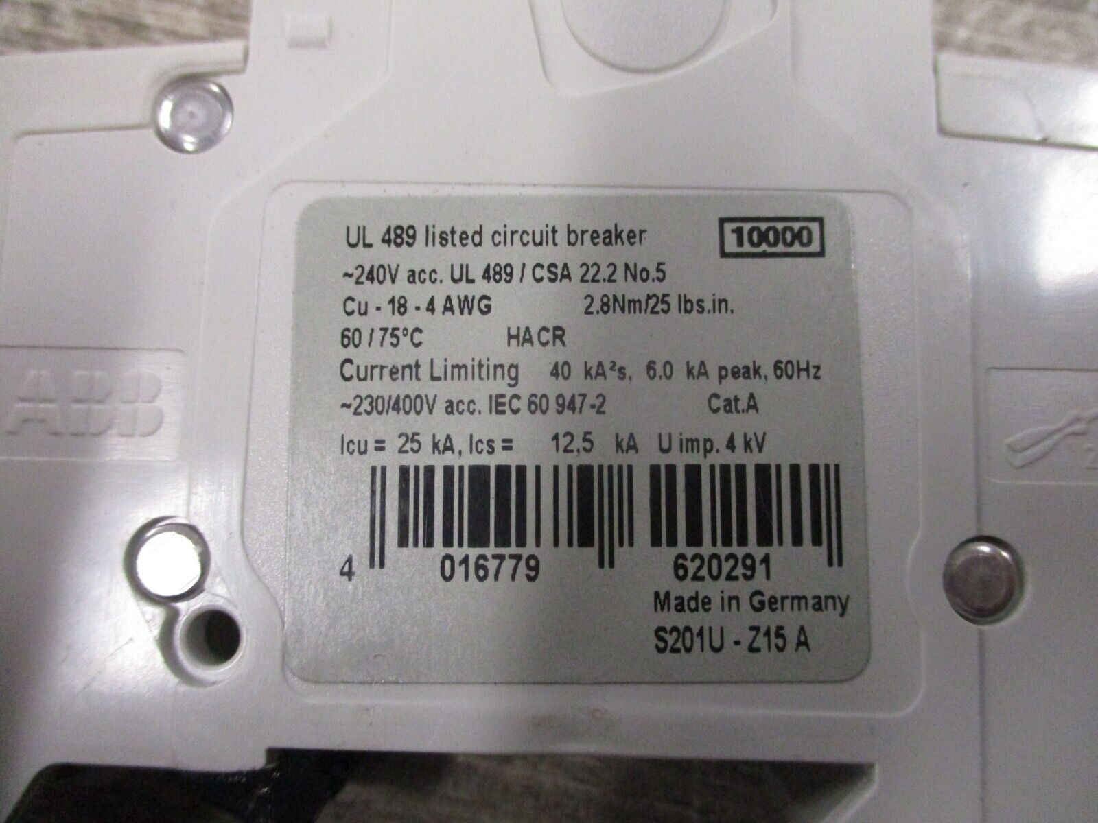 ABB Circuit Breaker S 201 U Z 15A 15A 240V 1P *Lot Of 2* Used