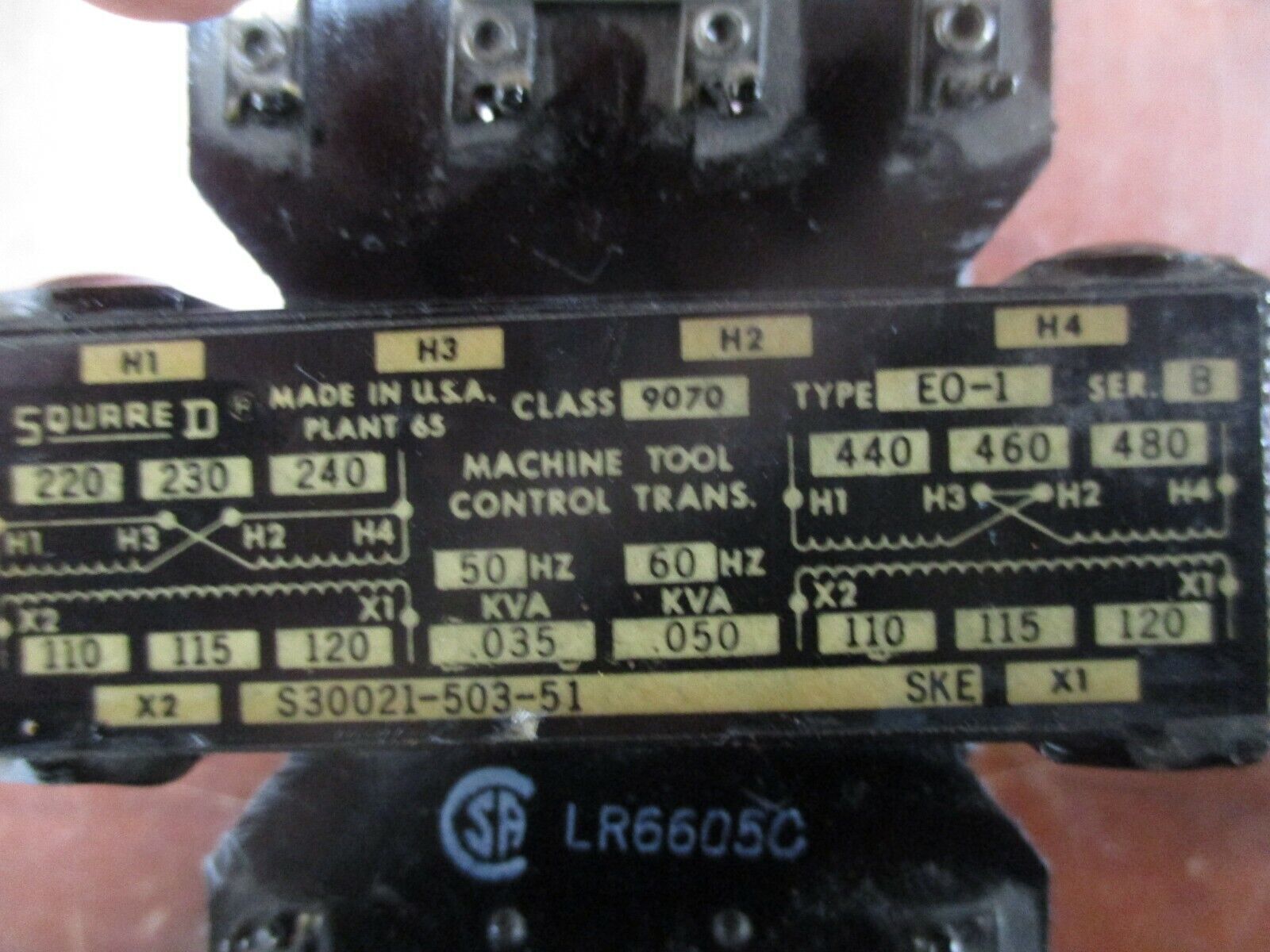 Square D Control Transformer 9070 E0-1 0.050KVA Pri: 480V Sec: 120V Used