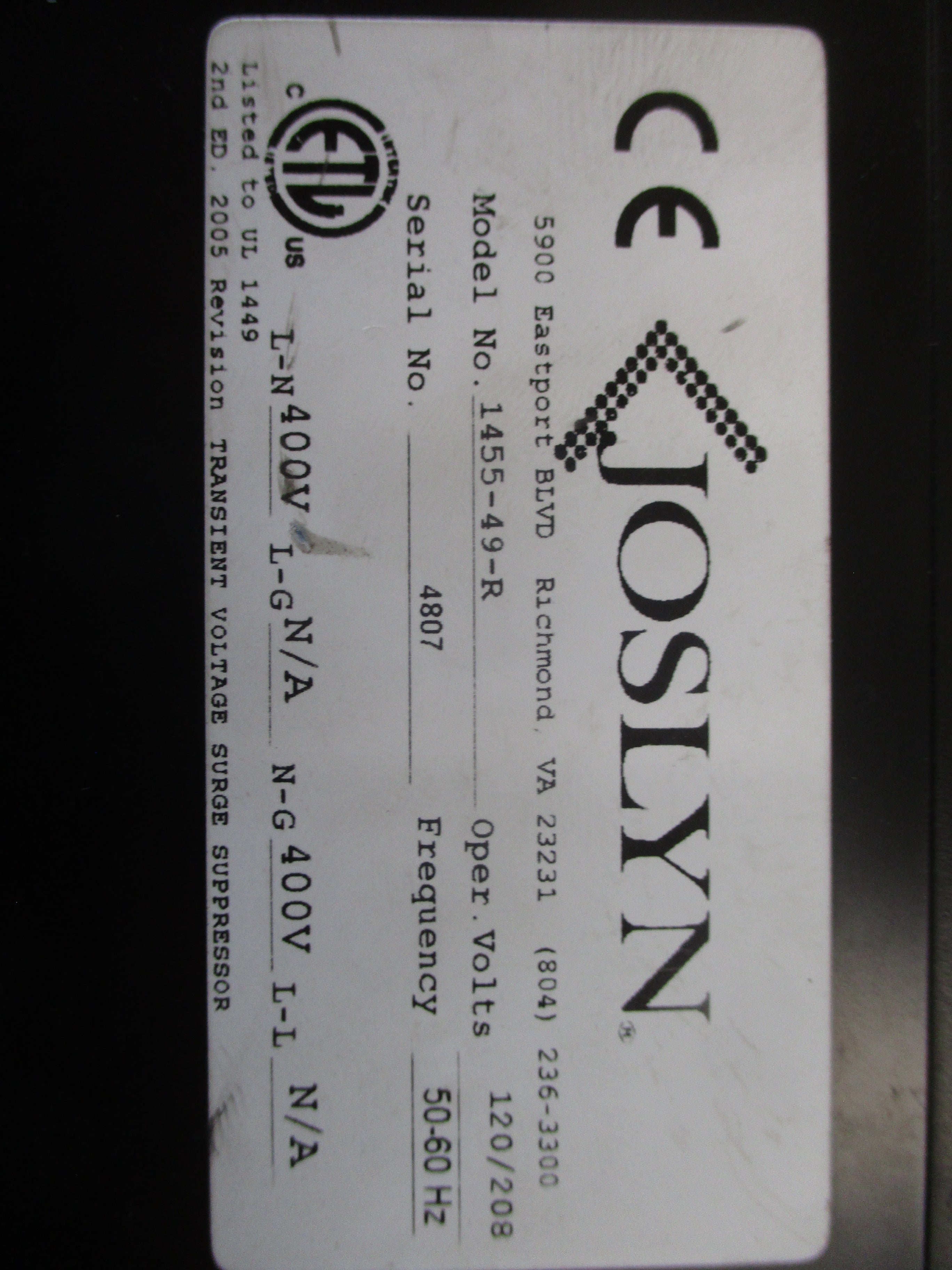 Joslyn Surgitron III Surge Protector 1455-49-R 120/208V 50-60Hz Used