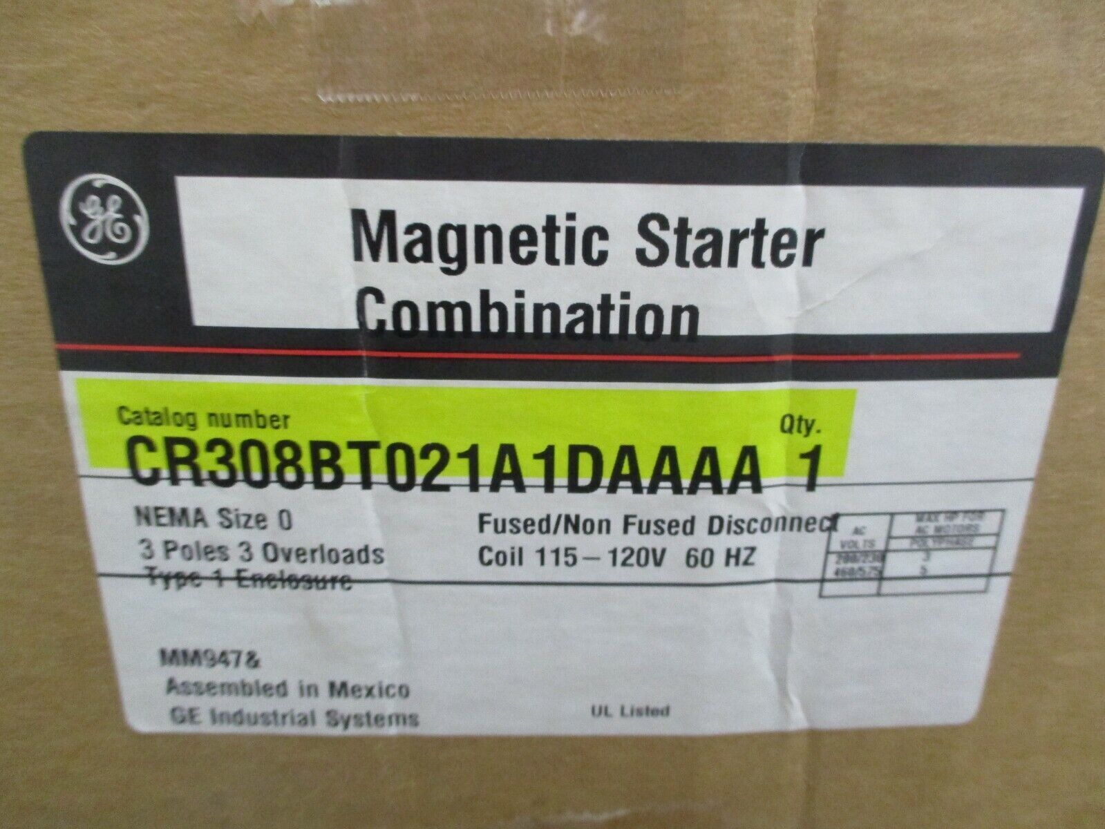 GE Size 0 Combination CR308BT021A1DAAAA 115-120V Coil New Surplus