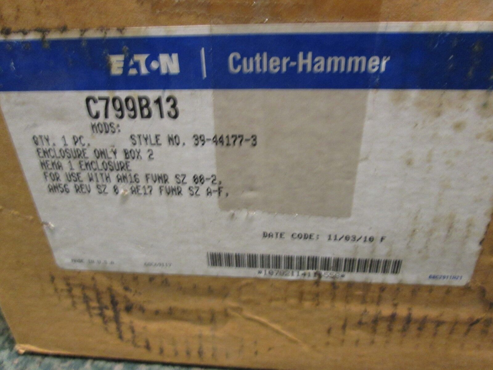 Cutler-Hammer Starter Enclosure C7999B13 For size 00-2 Nema 1 Enclosure New