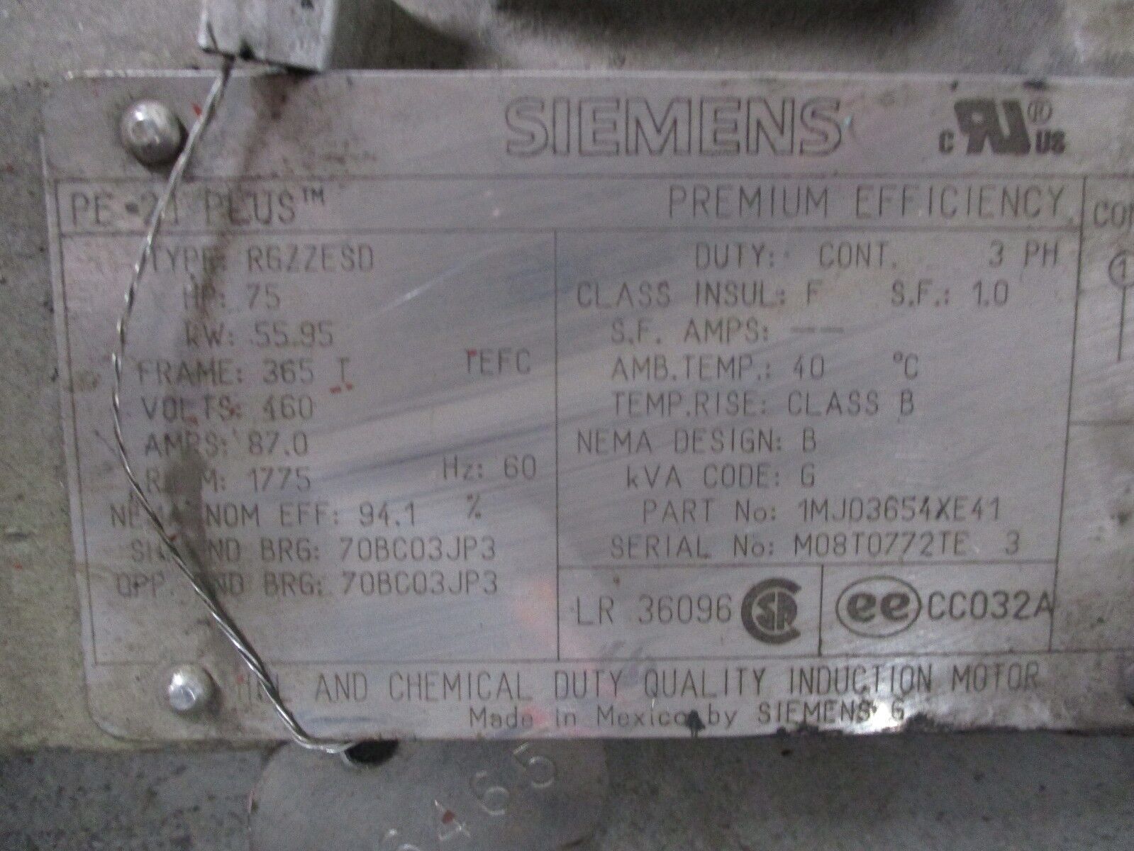 Siemens PE-21 Plus RGZZESD AC Motor 1MJ03654XE41 75HP 1800RPM 460V 87A 60Hz 3Ph
