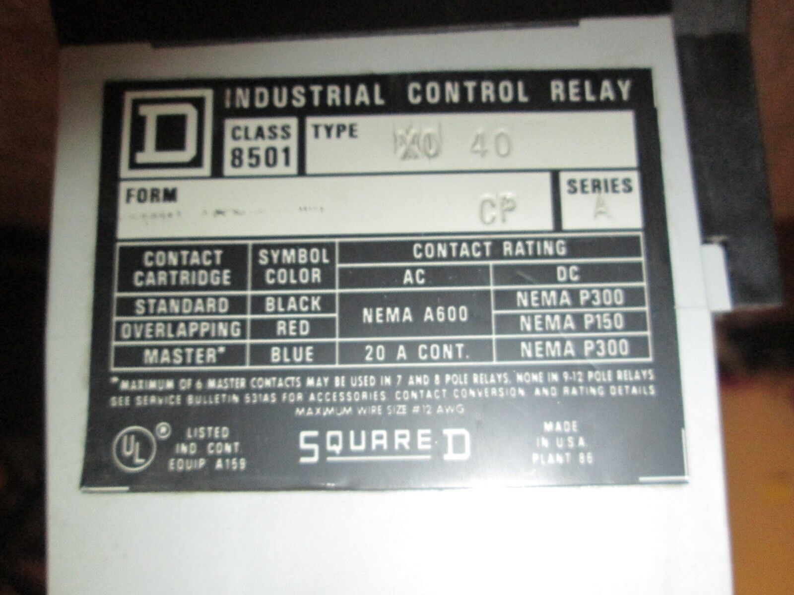 Square D Control Relay w/ Timing Relay 8501 X0 40 CP 8501 XTE1 20A Used