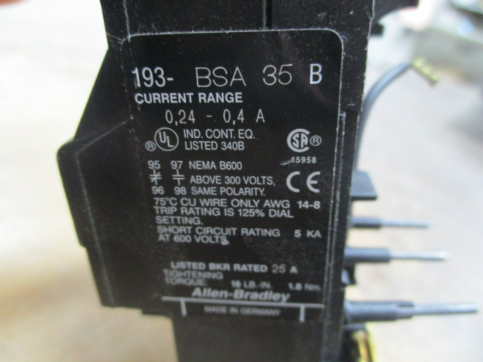 Allen-Bradley Solid State Overload 193-BSA 35 B Trip: 0.24-0.4A Used