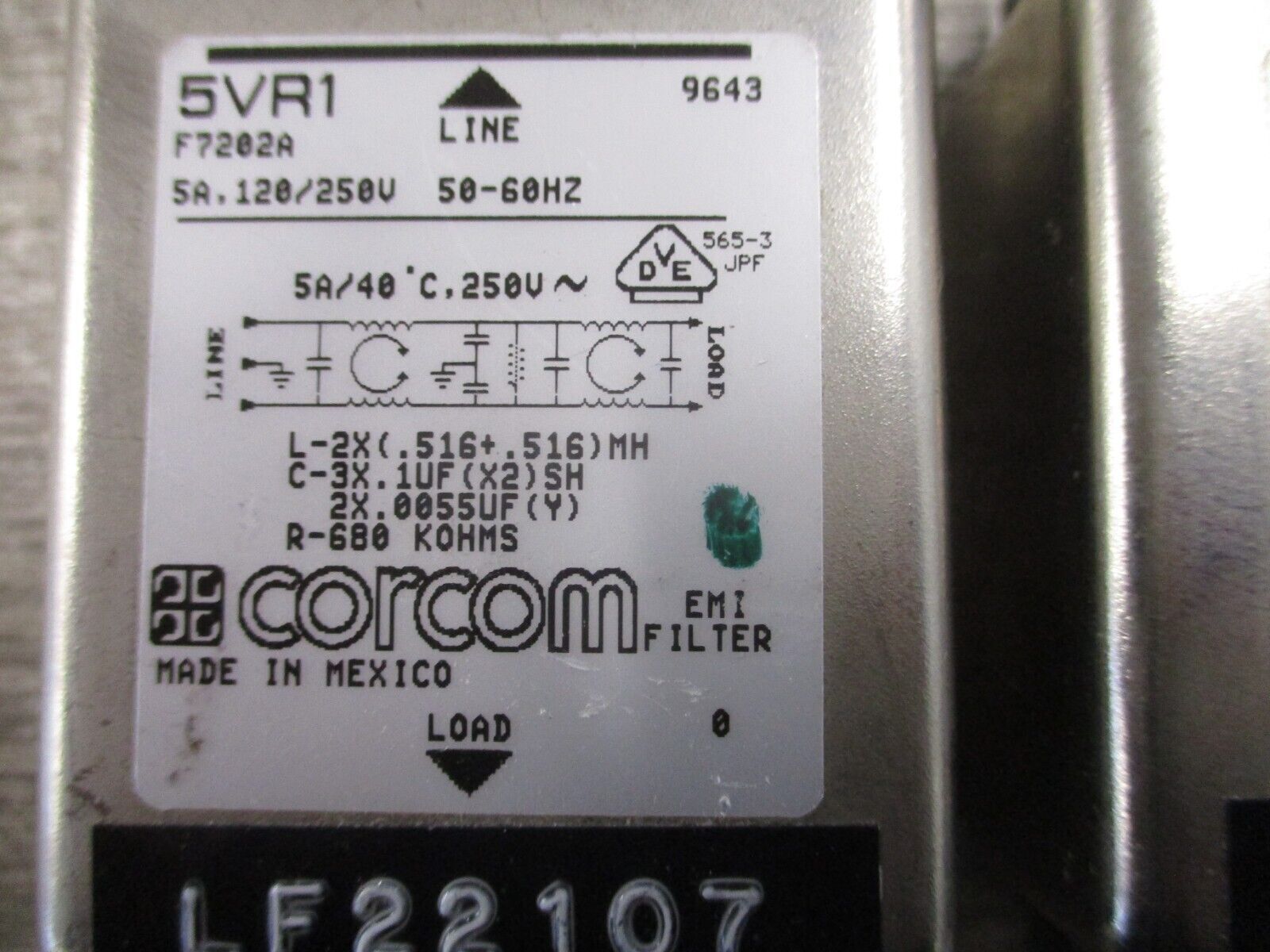 Corcom EMI Filter 5VR1 5A 120/250V 50/60Hz * Lot of 2 * Used