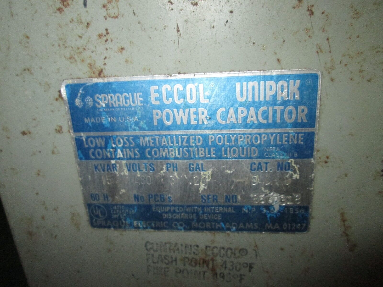 Sprague Power Capacitor 1543PMU 15KVAR 480V 3Ph Used