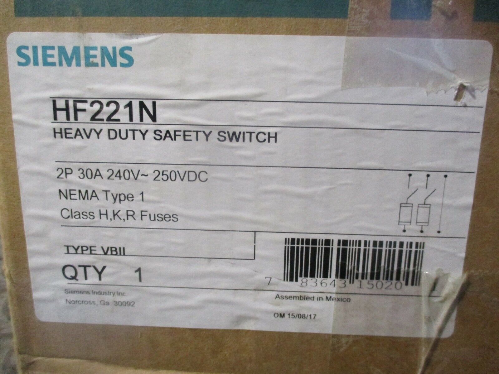 Siemens Fusible Safety Switch / Disconnect HF221N 30A 240V 2P New Surplus