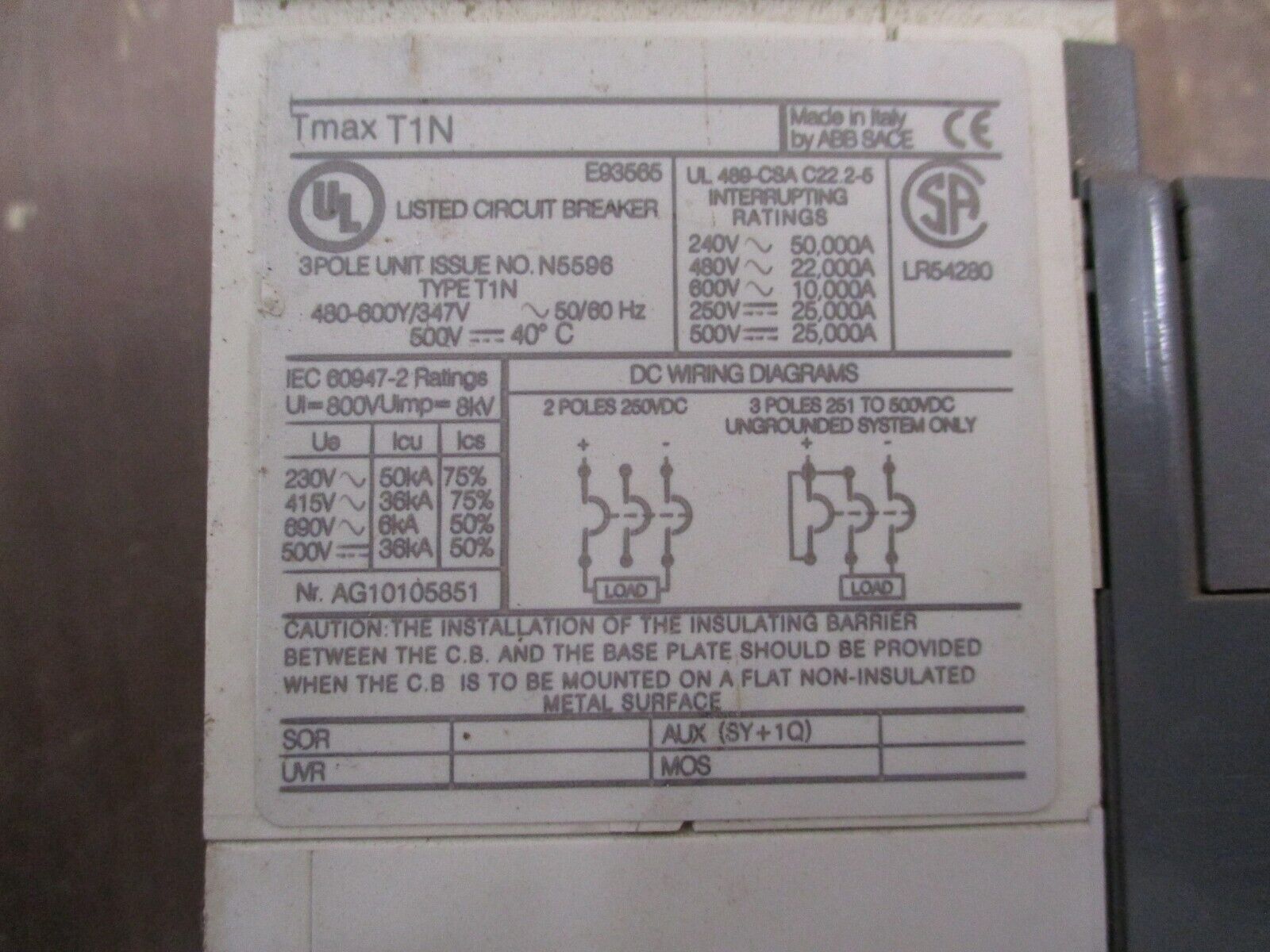 ABB Tmax Breaker Disconnect T1N 90 90A 600V 3P Used