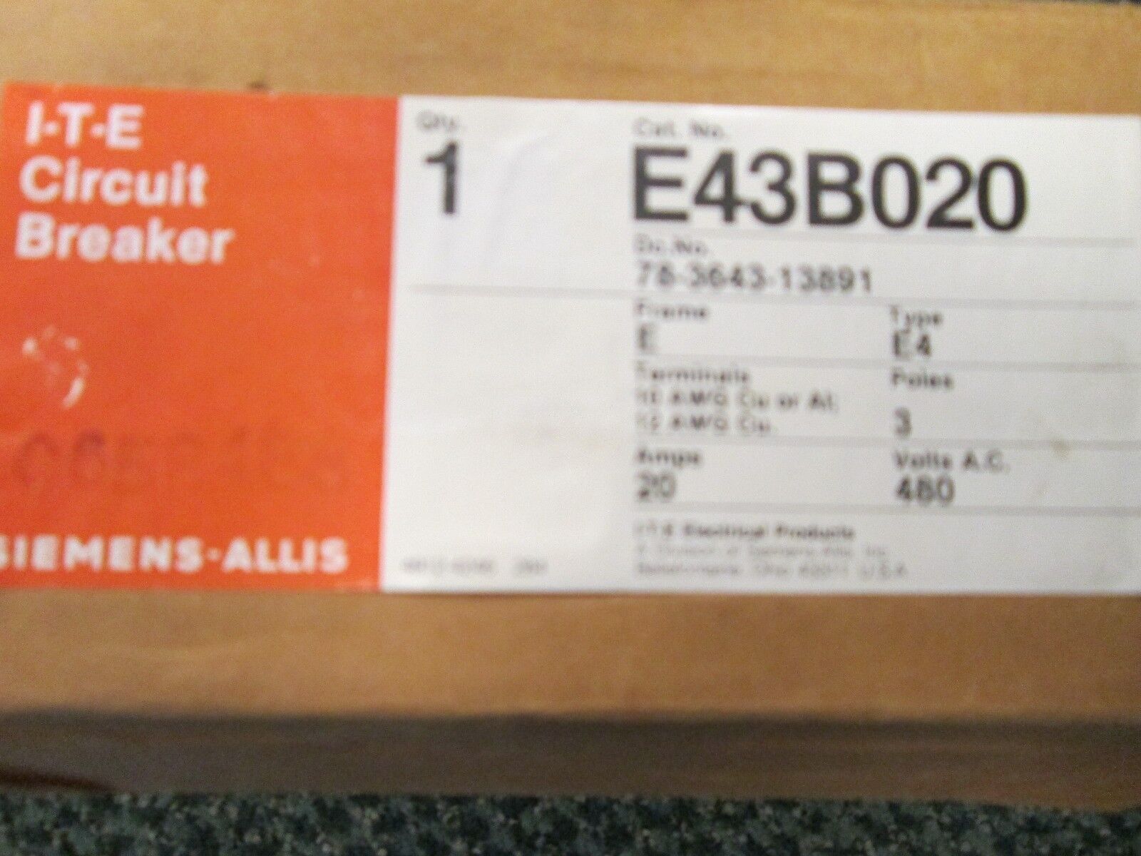 ITE Circuit Breaker E43B020, Type: E4, Frame E, 20A 480V, NEW