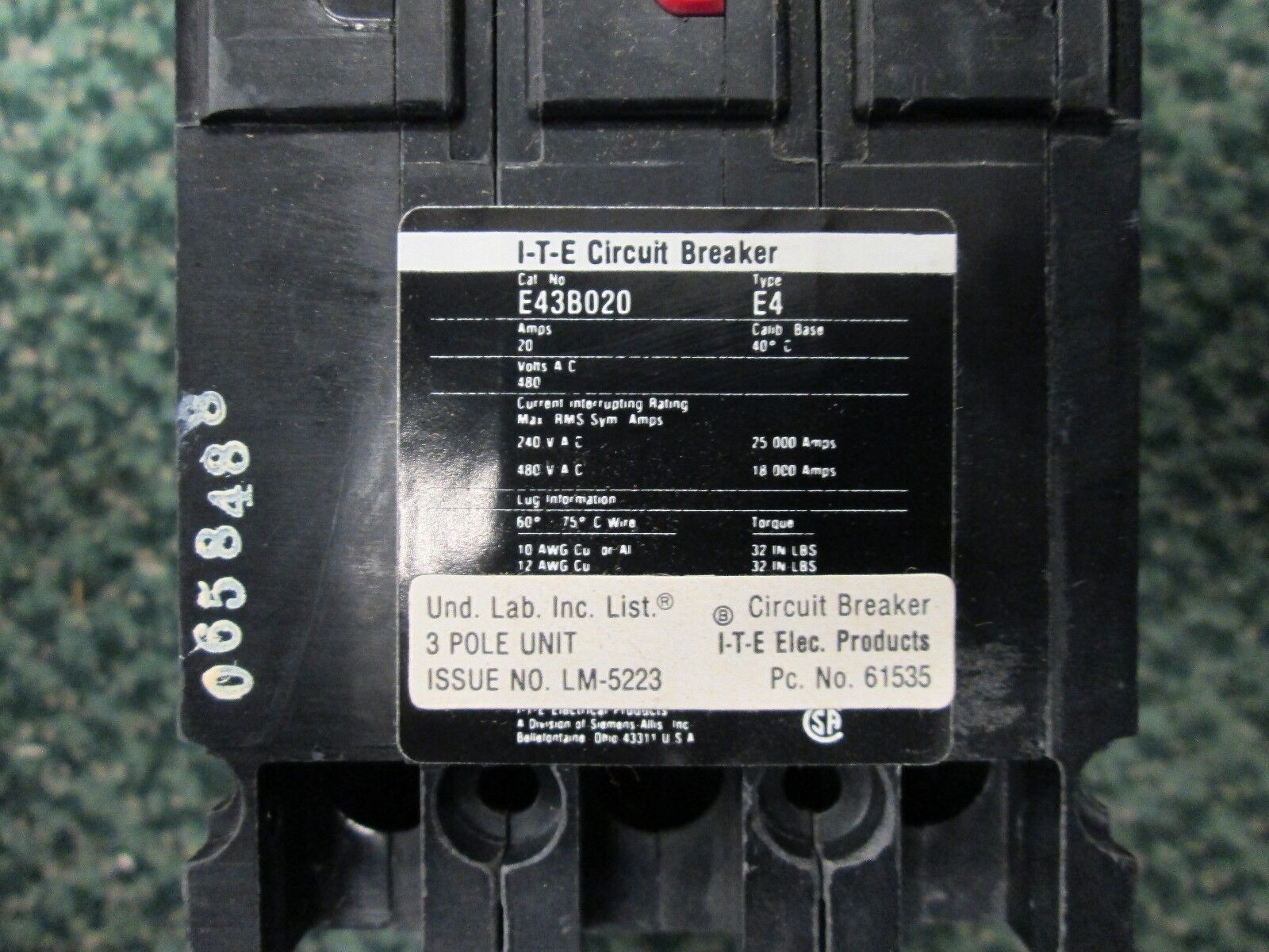 ITE Circuit Breaker E43B020, Type: E4, Frame E, 20A 480V, NEW
