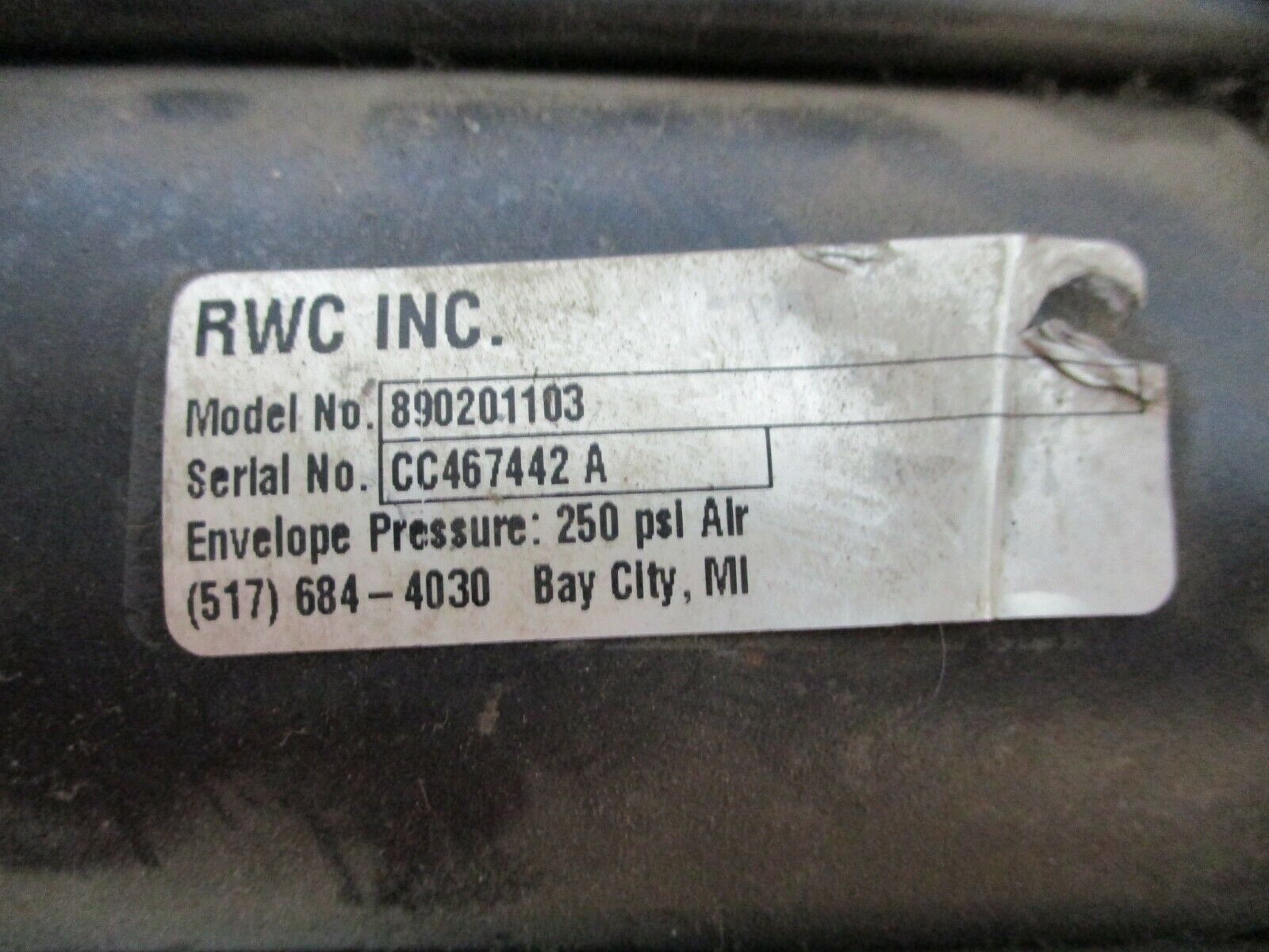 RWC, Air Cylinder, Part #: 890201103 250PSI used
