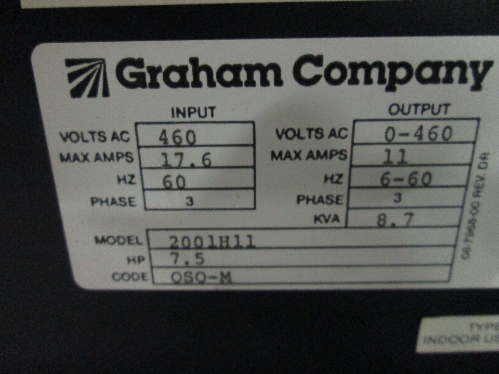Graham 2001 Series AC Drive w/ Bypass 2001H11 7.5HP Used