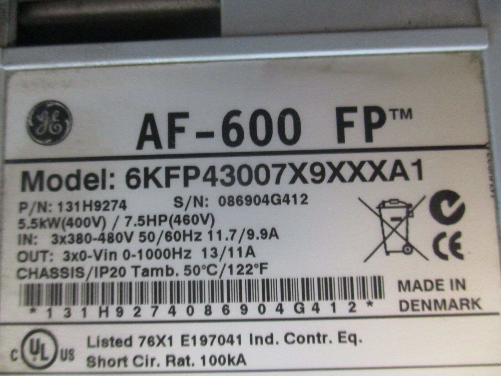 GE AF-600 FP AC Drive 131H9274 Model: 6KFP43007X9XXXA1 7.5HP 3Ph w/ Keypad Used