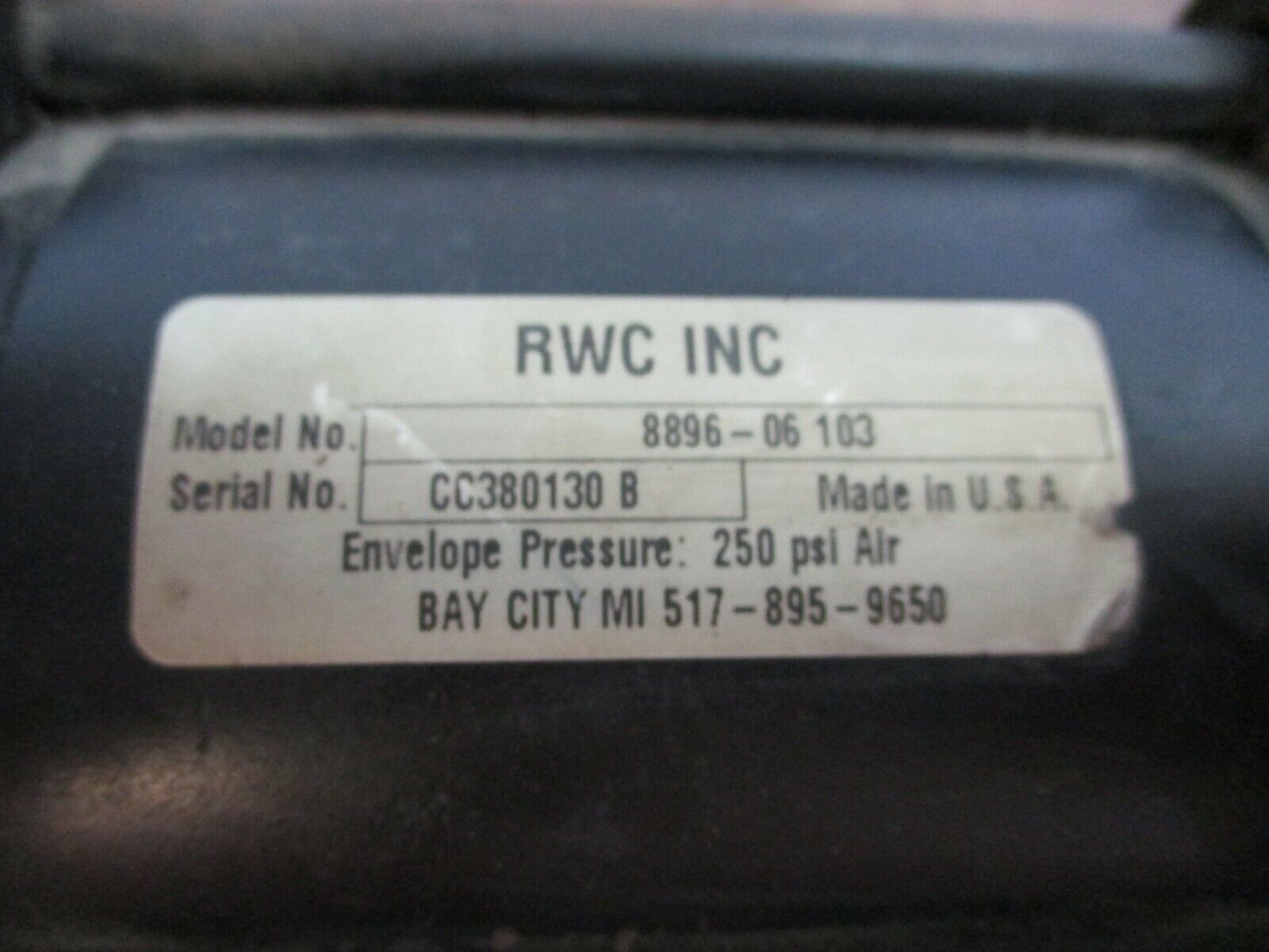 RWC Air Cylinder Part #: 8896-06103 250PSI used