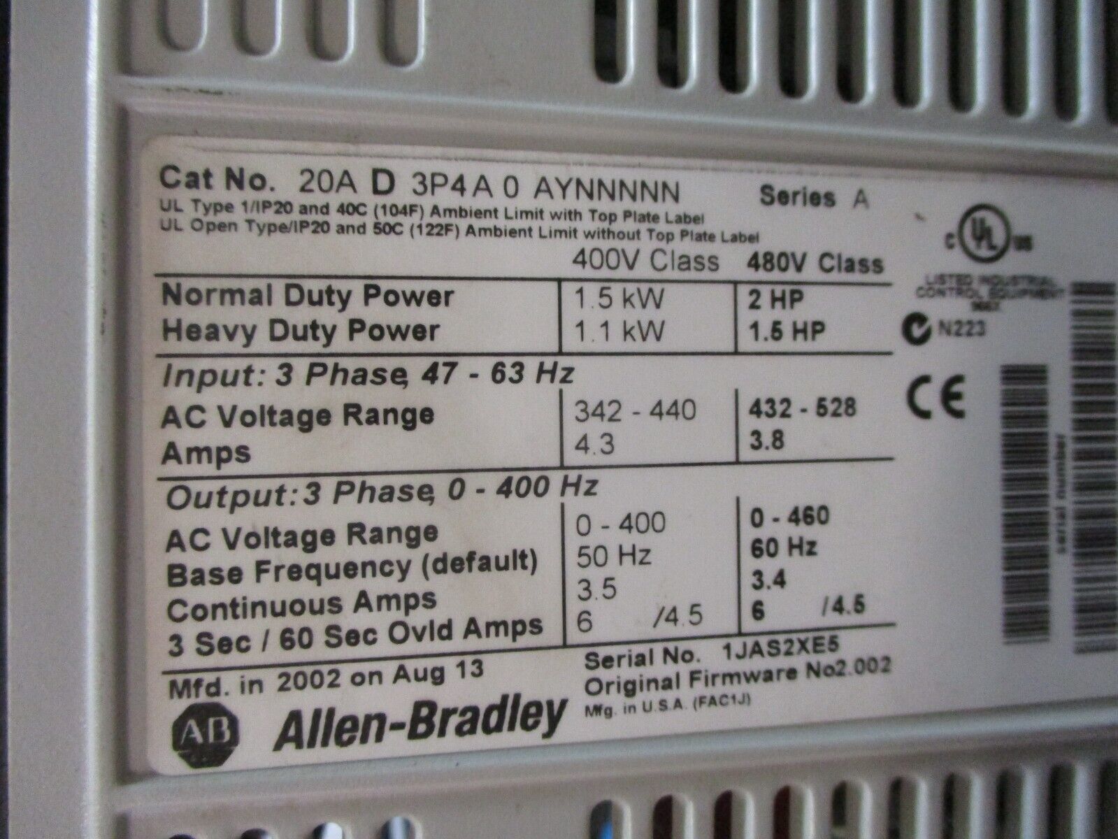 Allen-Bradley PowerFlex 70 AC Drive 20AD3P4A0AYNNNNN 2HP 3Ph *No Keypad* Used