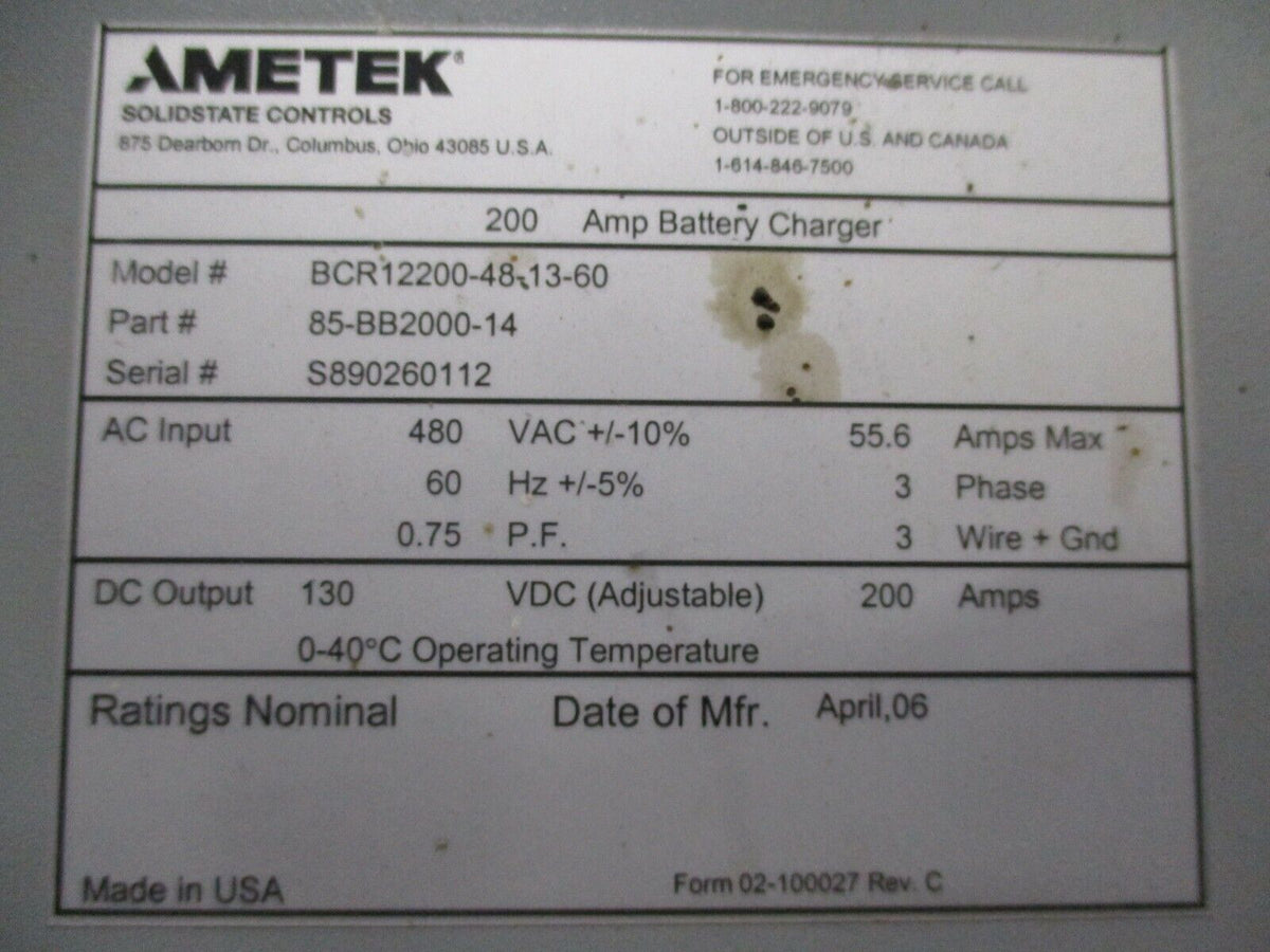 Ametek 200A Battery Charger BCR12200-48-13-60 Output: 130VDC 200A Used