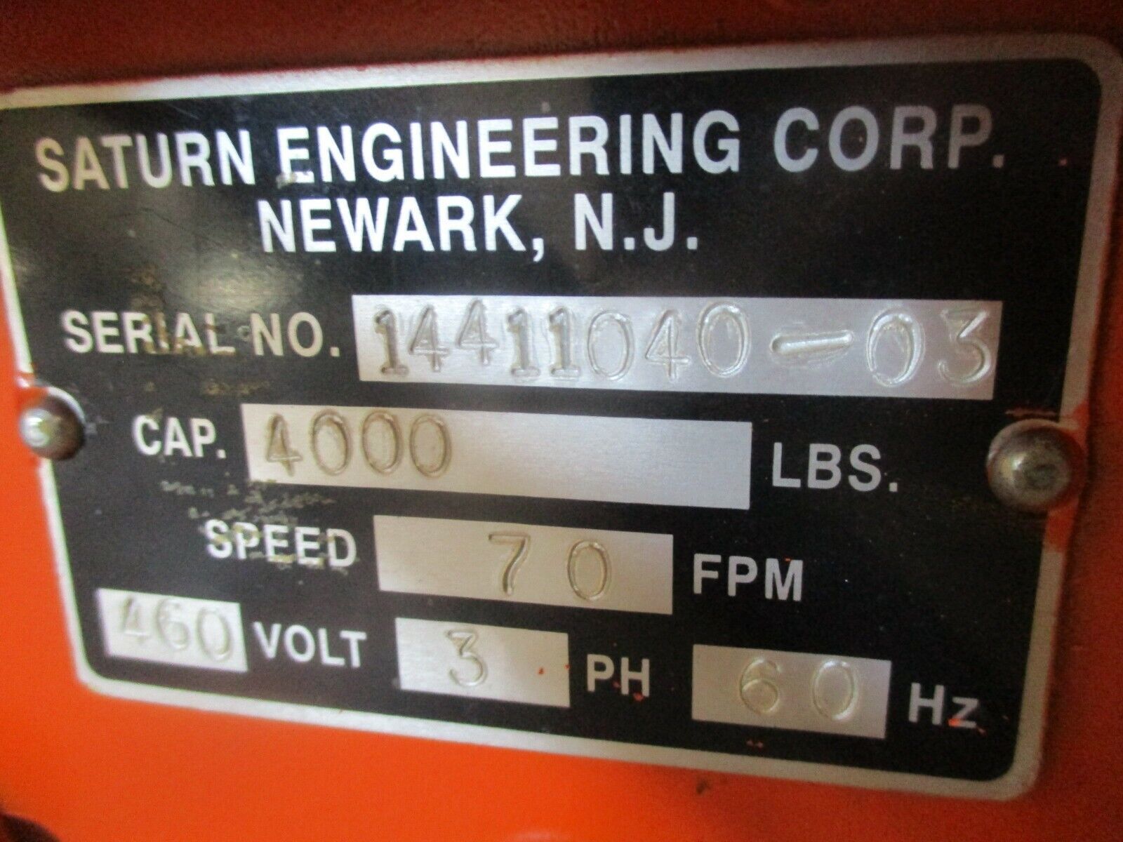 Saturn Engineering 2-Ton Hoist Capacity: 4000lbs 7.0FPM 460V 3Ph 60Hz Used