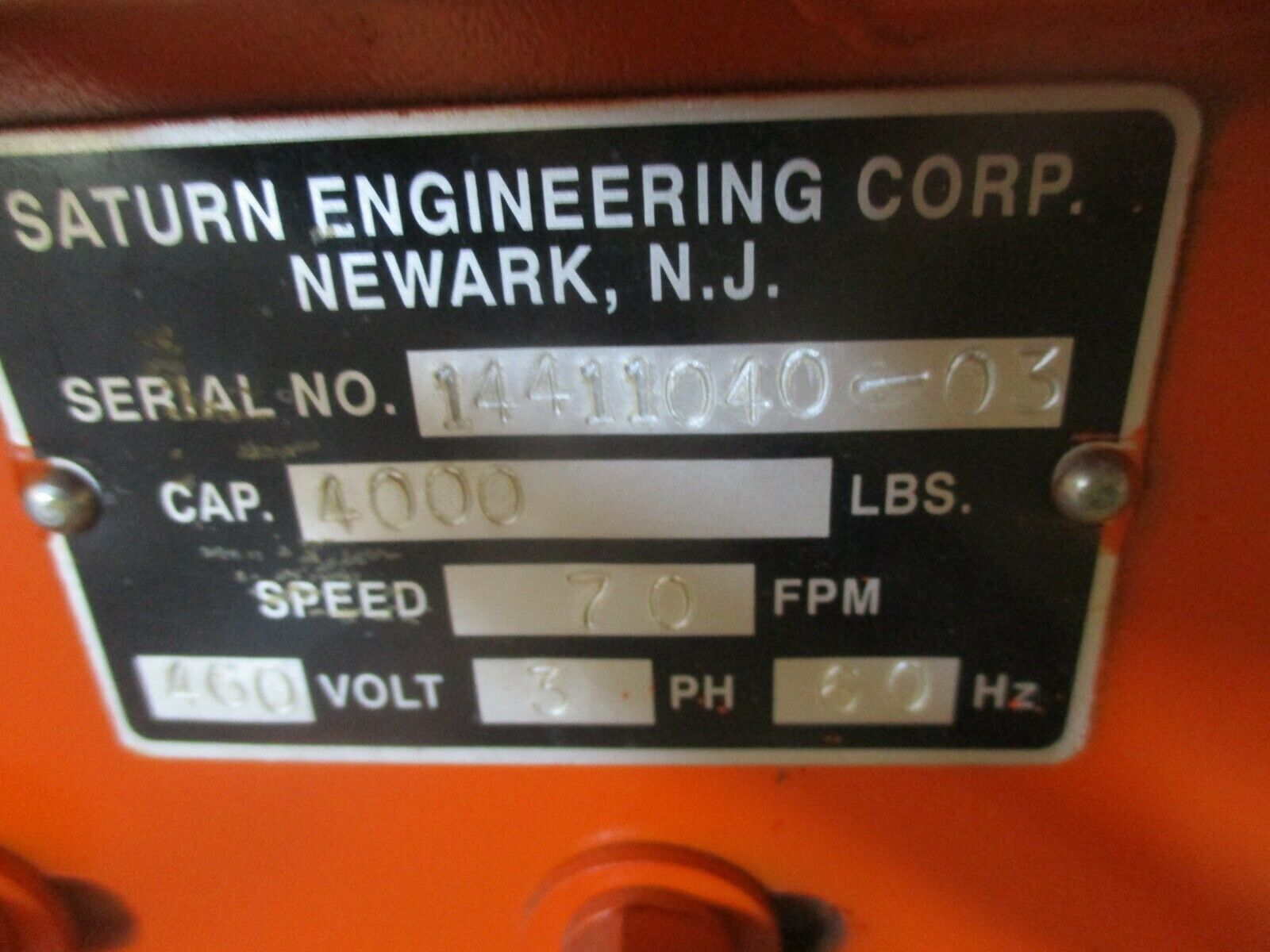 Saturn Engineering 2-Ton Hoist Capacity: 4000lbs 7.0FPM 460V 3Ph 60Hz Used