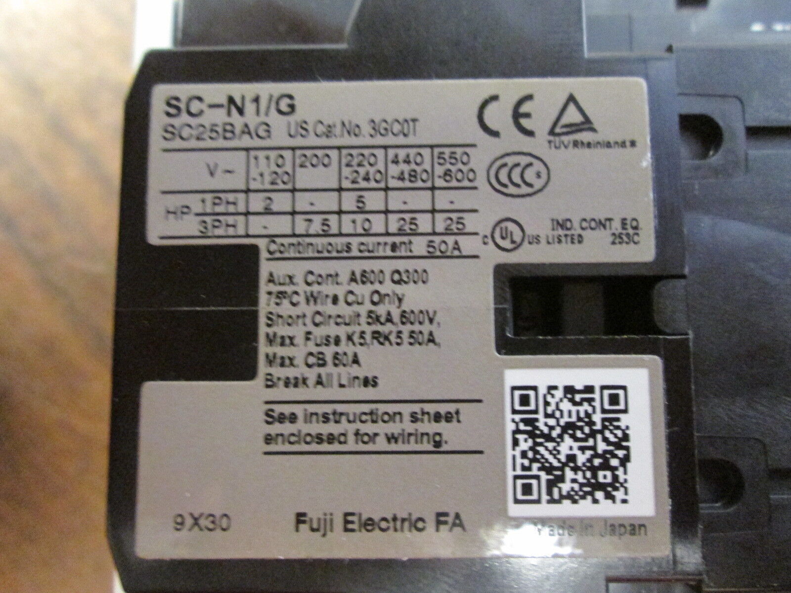 Fuji Electric SC-N1/G Contactor SC25BAG 24VDC Coil 50A 600V Used