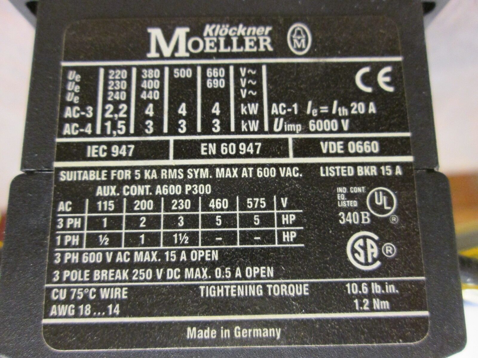 Klockner Moeller Contactor DIL EM-10-G 15A 600V Lots of 2 Used