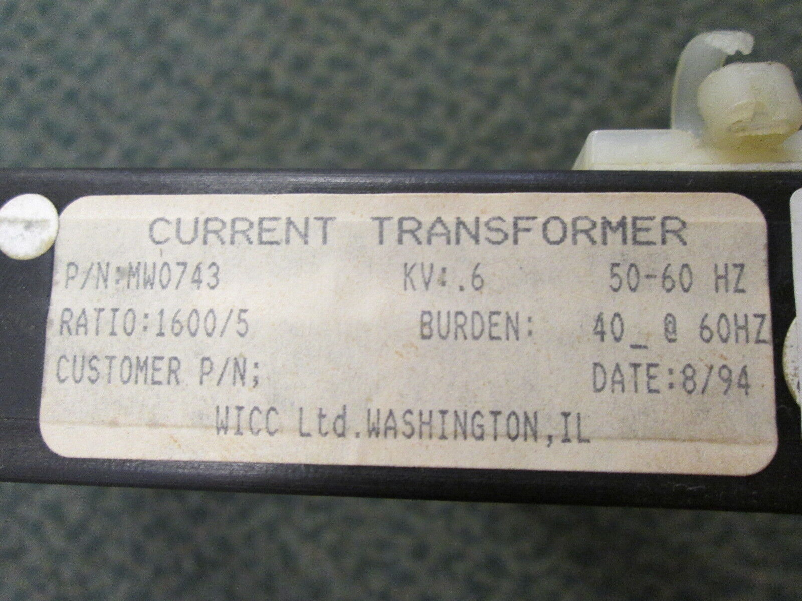 WICC Current Transformer MW0743 Ratio: 1600/5A 0.6Kv 50-60Hz Used