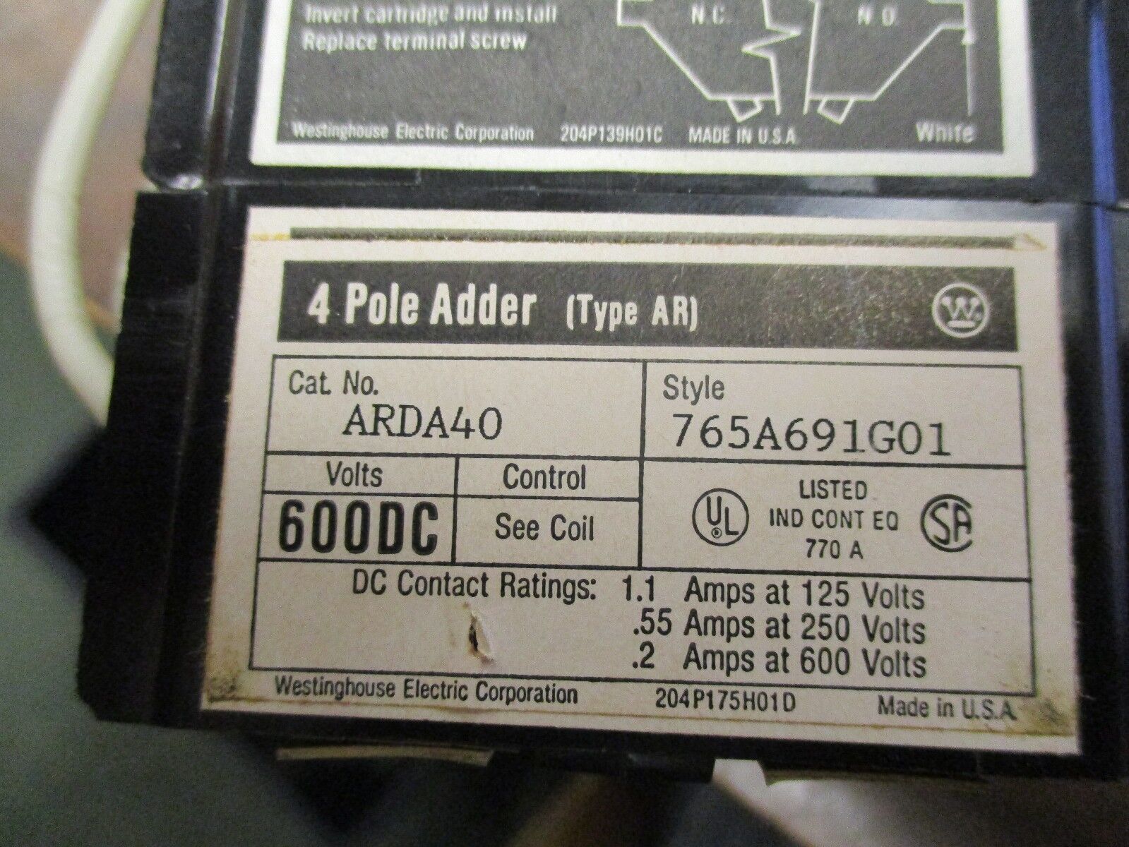 Westinghouse Control Relay w/ 4-Pole Adder ARD4L 24VDC Coil 600VDC Used