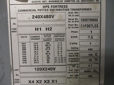 Hammond Fortress Potted Transformer C1F007LES 7.5kVA Pri: 240/480V Sec: 120/240V
