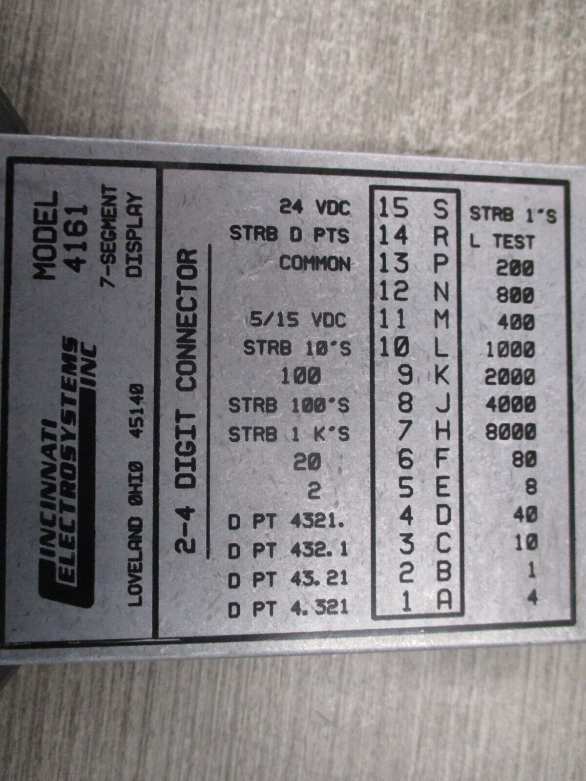 Cincinnati Electrosystems 7-Segment Display 4161-4-24 Used