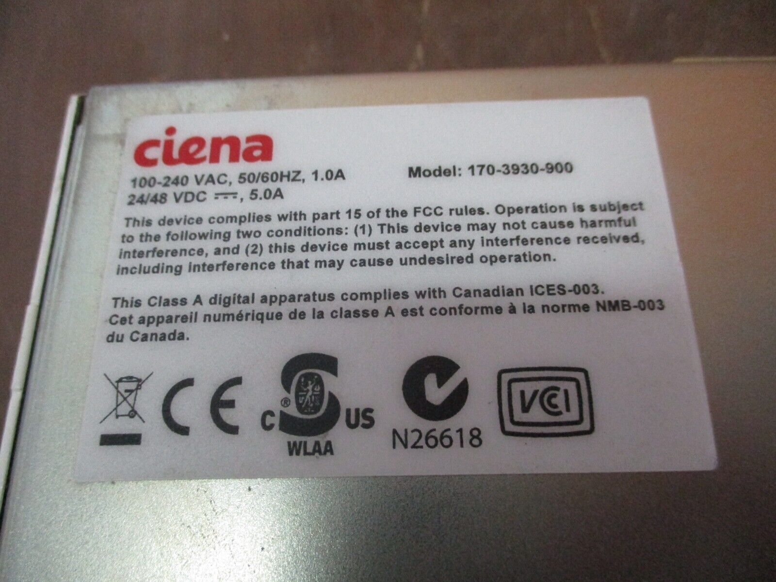 Ciena 3930 Service Delivery Switch 170-3930-900 Rev. N Used