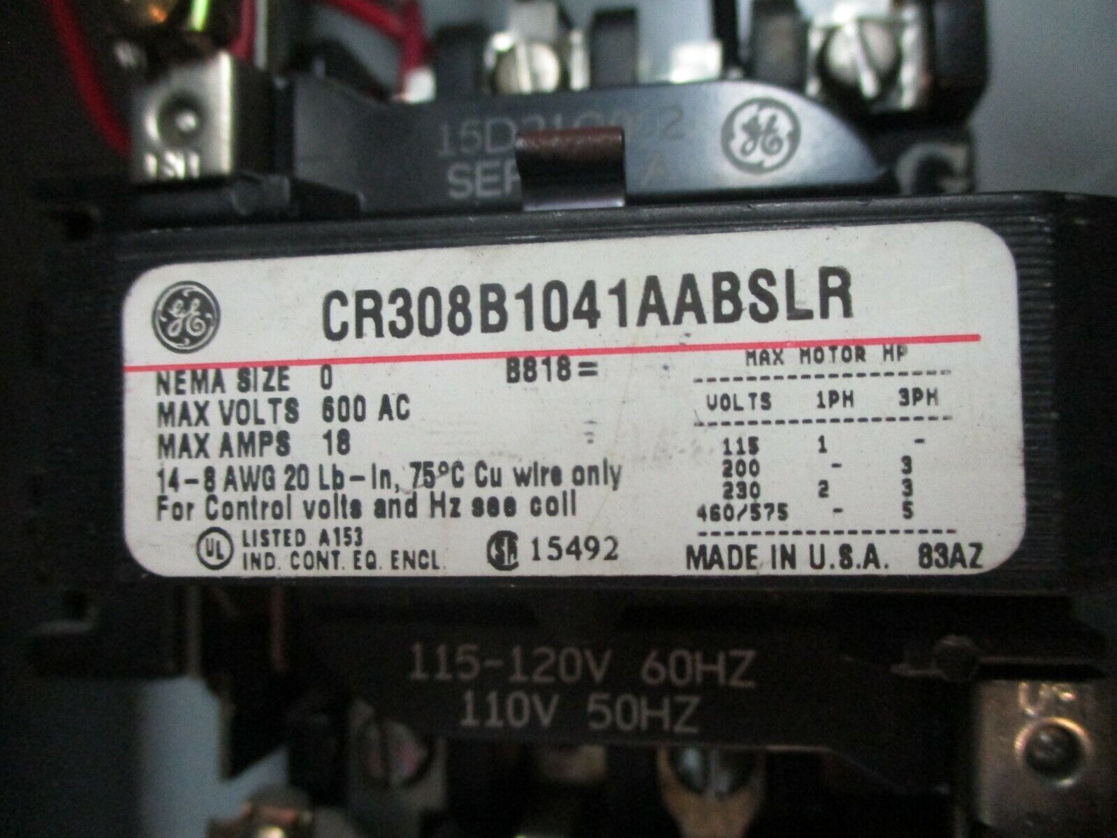 GE Non-Fusible Size 0 Combination CR308B1041AABSLR 115-120V Coil 18A 600V Used