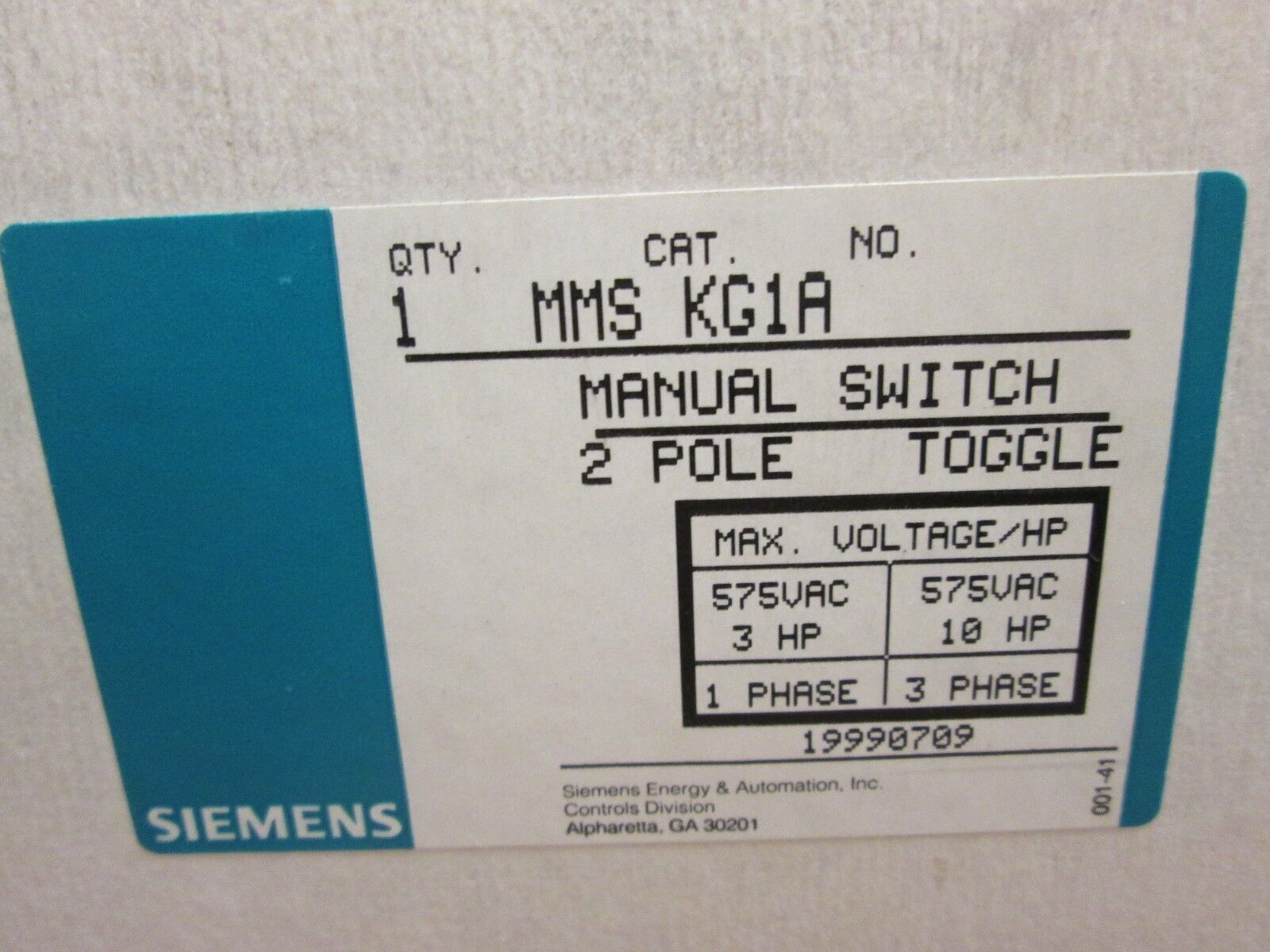 Siemens Manual Switch MMS KG1A 2P New Surplus