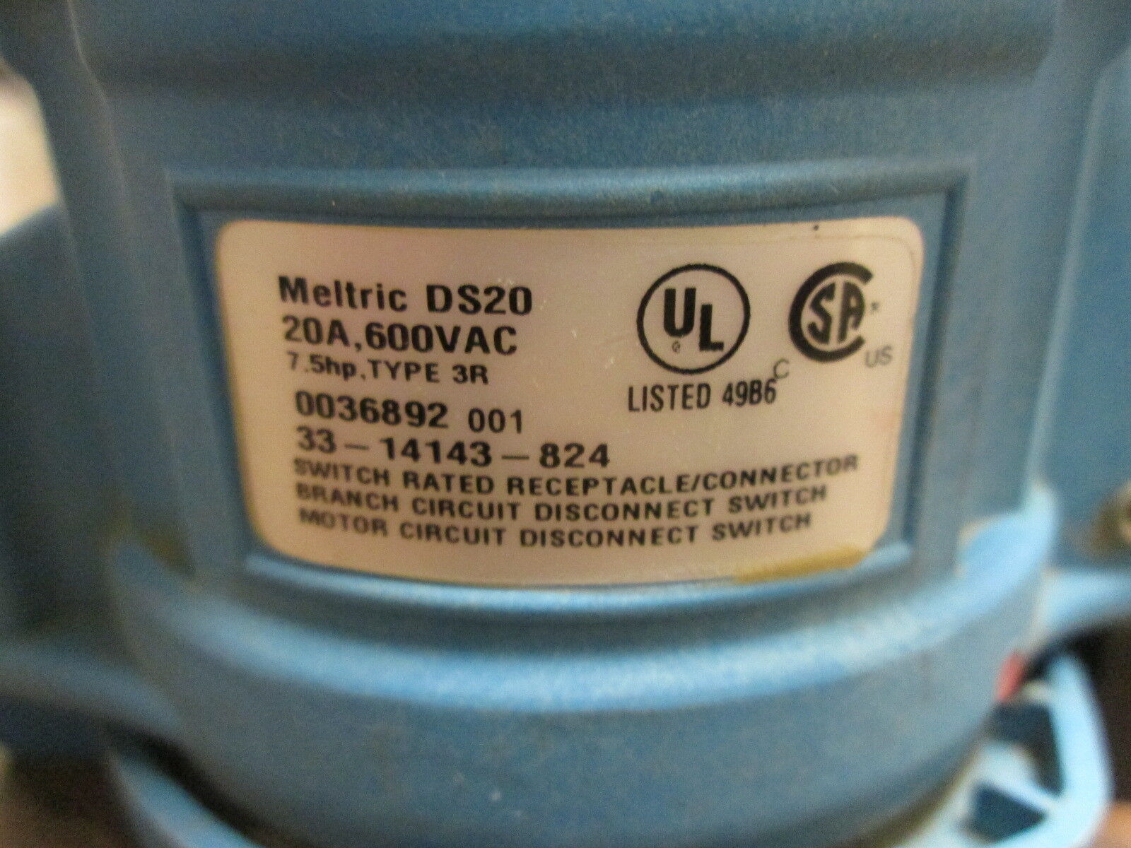 Meltric DS20 Receptacle 33-14143-824 20A 600V Type 3R Used