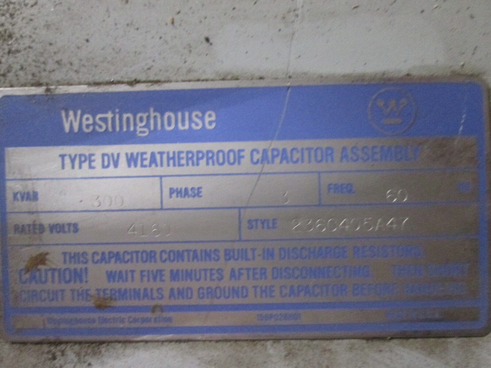 Westinghouse Type DV Weatherproof Capacitor Assembly 2360405A47 300KVAR 4160V