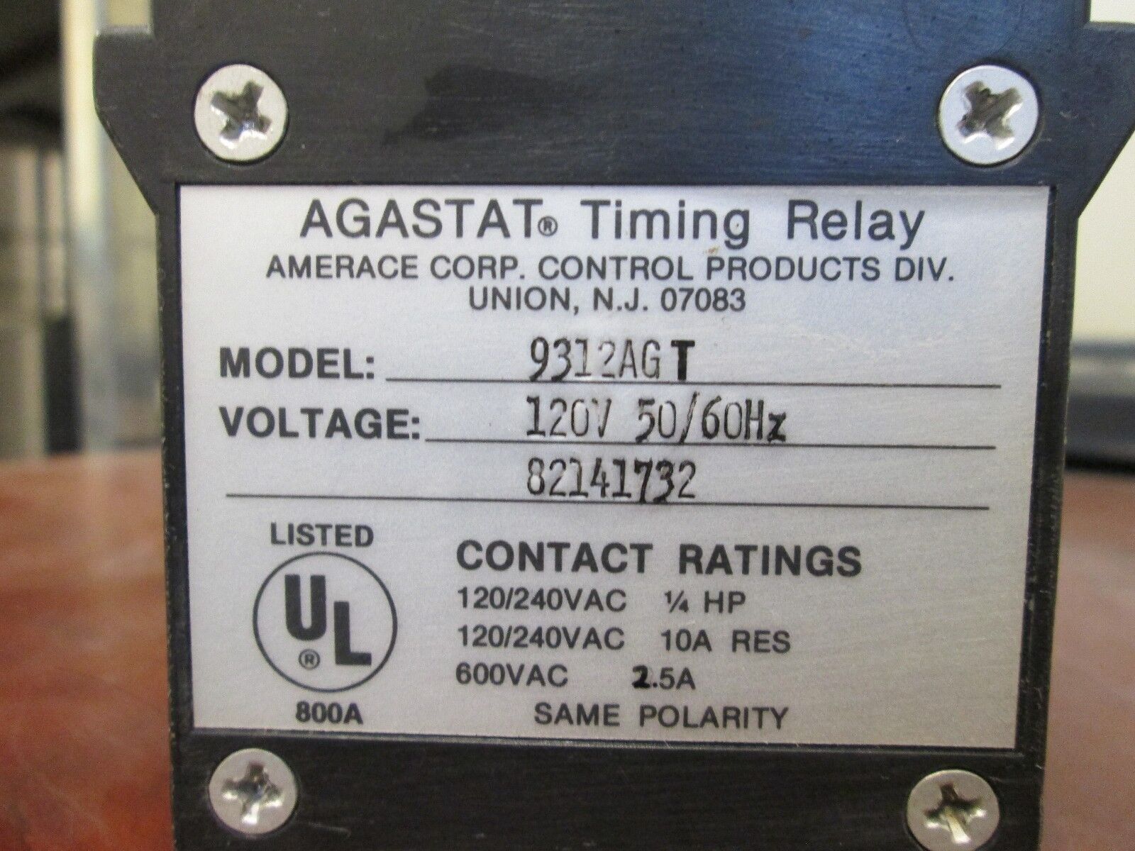 Agastat Timing Relay 9312AGT 10-300sec Range 120V 50/60Hz Used