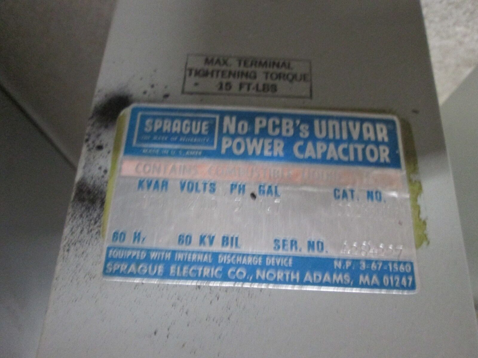 Sprague Power Capacitor 100243FHF 100KVAR 2400V 3Ph 60Hz Used