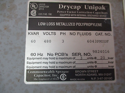 Commonwealth Sprague Drycap Unipak Capacitor 6043PMUDF 60kVAR 480V 3Ph 60Hz Used
